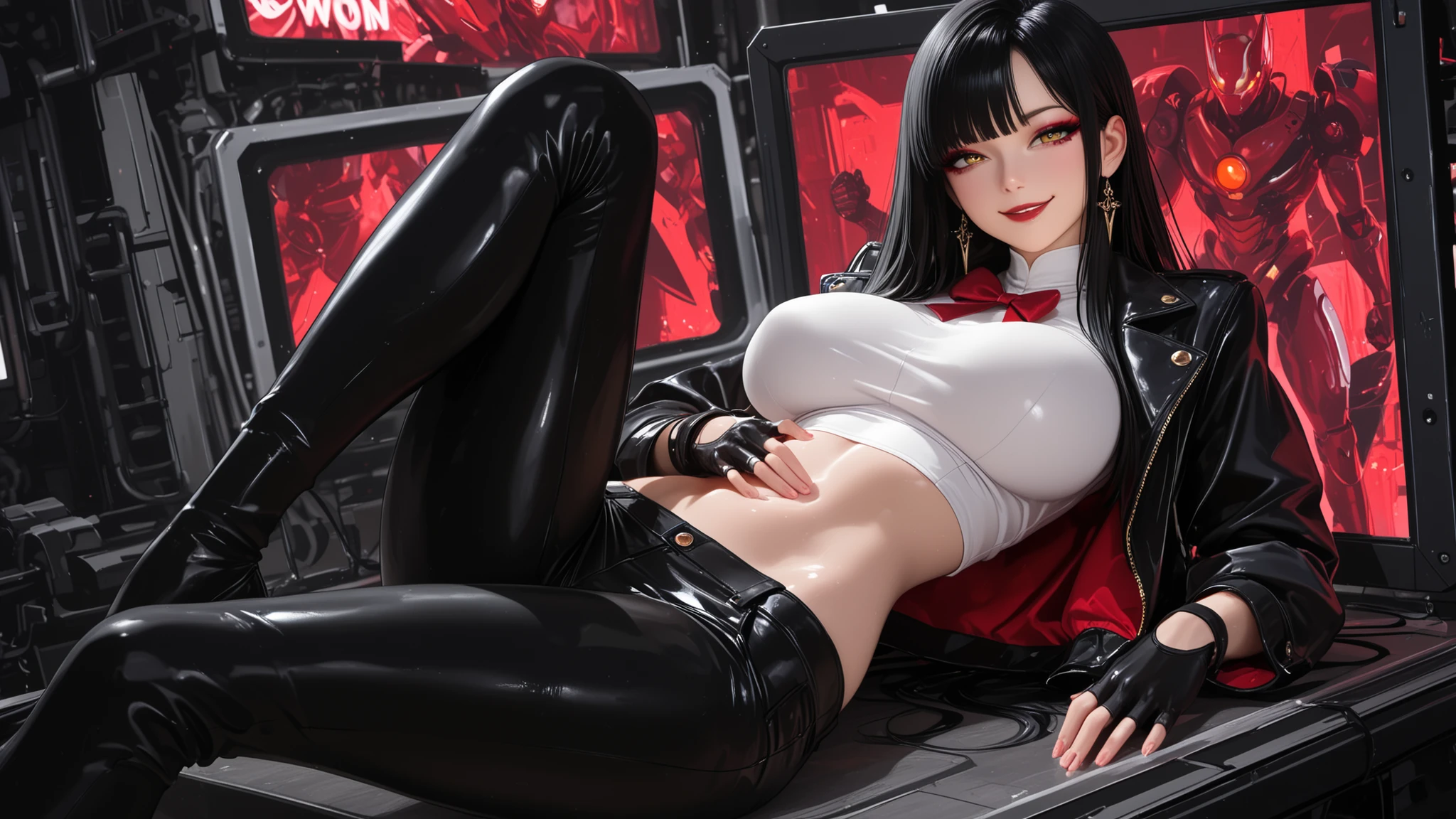 solo , beautiful woman , black hair、 , golden eyes, Classy, super realistic skin, làn shiny skin , Eyeliner and eyeshadow , sexy red lips, Sexy smiling face , long straight hair、Lashes 、slim 、massive breasts 、balanced body, long legs , the red bow in front of the screen , costume Black Harajuku Hip Hop Jacket , Transparent white T-shirt to expose belly . ripped skinny pants , fingerless gloves , super realistic skin, shiny skin , stand ,