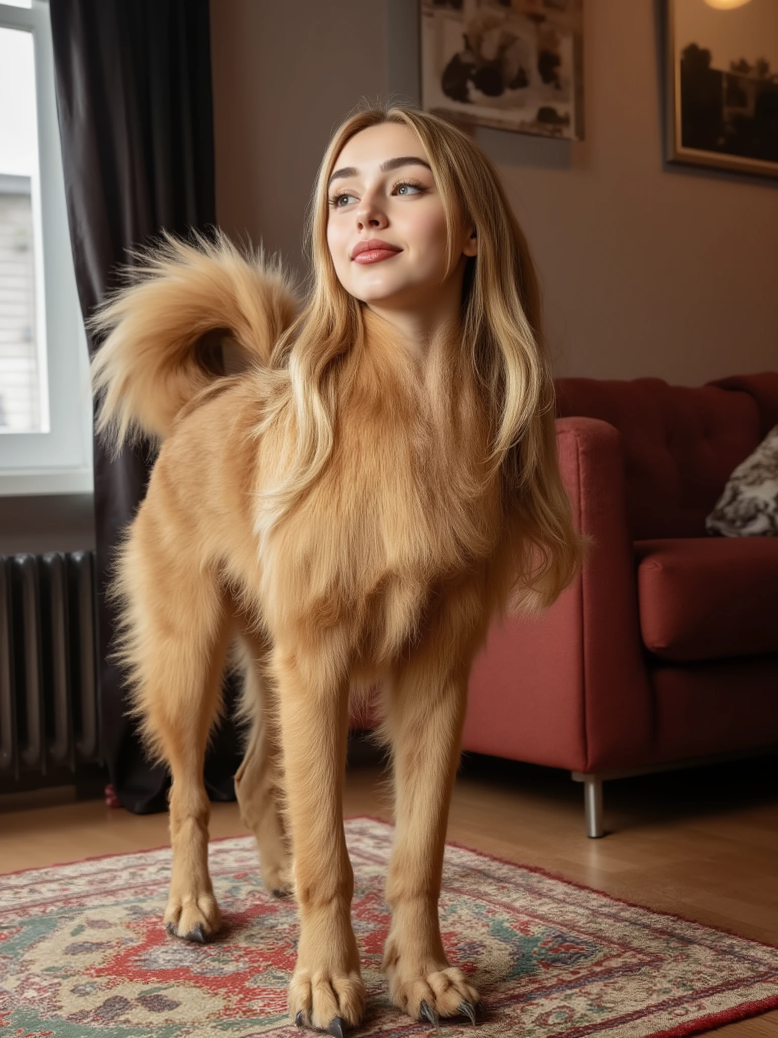 (masterpiece, High Quality, high resolution hairstyle, hyperrealistic photograph), Majestic anthropomorphic female dog, hybrid creature standing on the ground on its four legs, humanized canine anatomy in an elegant posture, beautiful female face delicate features, long, silky blond hair that falls on the shoulders, canine ears that crown their head, bright and expressive canine eyes, body completely covered with a soft and shiny coat, long and graceful tail moving to maintain balance, height proportional to an adult woman, defined canine muscles under the coat, proud and elegant posture, Flirty and happy. Modern home interior, neck LED lighting that creates sharp shadows and dramatic contrasts, detailed realistic textures, perfect details of hair and skin, 8K, professional lighting , balanced composition, depth of field
