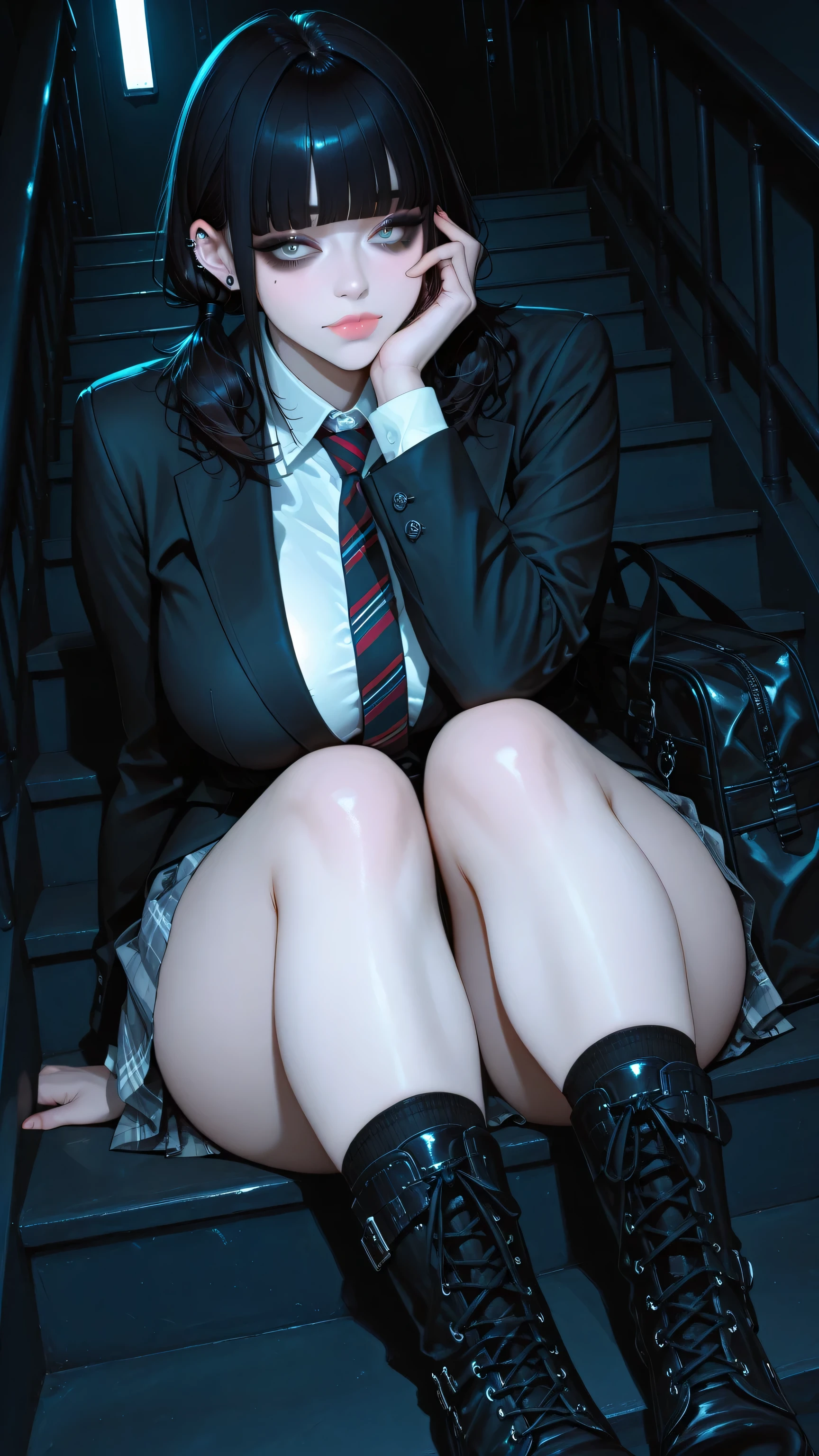 score_9, score_8_up, score_7_up,amazing quality,morimee_style,dynamic_angle,from_side,highly detailed,accurate size,sharp face,clear eyes,height_155cm_female,short_stature_woman,adult woman,25 years old,(pale_skin:0.8),beautiful detailed black_eyes,break,[gigantic_breasts],voluptuous_body,big eyes,sanpaku eyes,ennui,(Dark Shadows Under Eyes:1.1),short_hair,(((black_hair,blunt_Bangs))),low twintails,short twintails,ear piercings,black eyeliner,black eyeshadow,wide_hips,, looking_at_viewer, long_sleeves, sitting, bag,closed_mouth, white_shirt, pleated_skirt, thighs, necktie, miniskirt, collared_shirt, socks, black_footwear, black_jacket, arm_support, plaid_skirt, blazer, cross-laced_footwear, hand_on_own_face, grey_skirt, black-framed_eyewear, head_rest, stairs, railing, lace-up_boots, hand_on_own_cheek, ankle_boots, striped_necktie,high_contrast,Contrasting light and shadow,Cinematic Lighting
