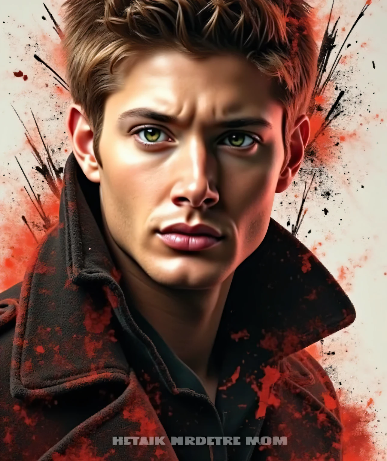 Jenack, A highly detailed, photorealistic digital image of a handsome young man, a close-up portrait. He has green eyes. His short, ruffled brown hair reflects a soft, dramatic light.  Round chin without dimple. He is wearing a dark, textured jacket or coat. The background is transformed into energetic, abstract splashes and stripes of crimson, black, and earthy tones, with painterly brushstrokes and ink drips that blend into his clothing. The lighting is warm and cinematic, with high contrast, fine grain, 4k resolution,
