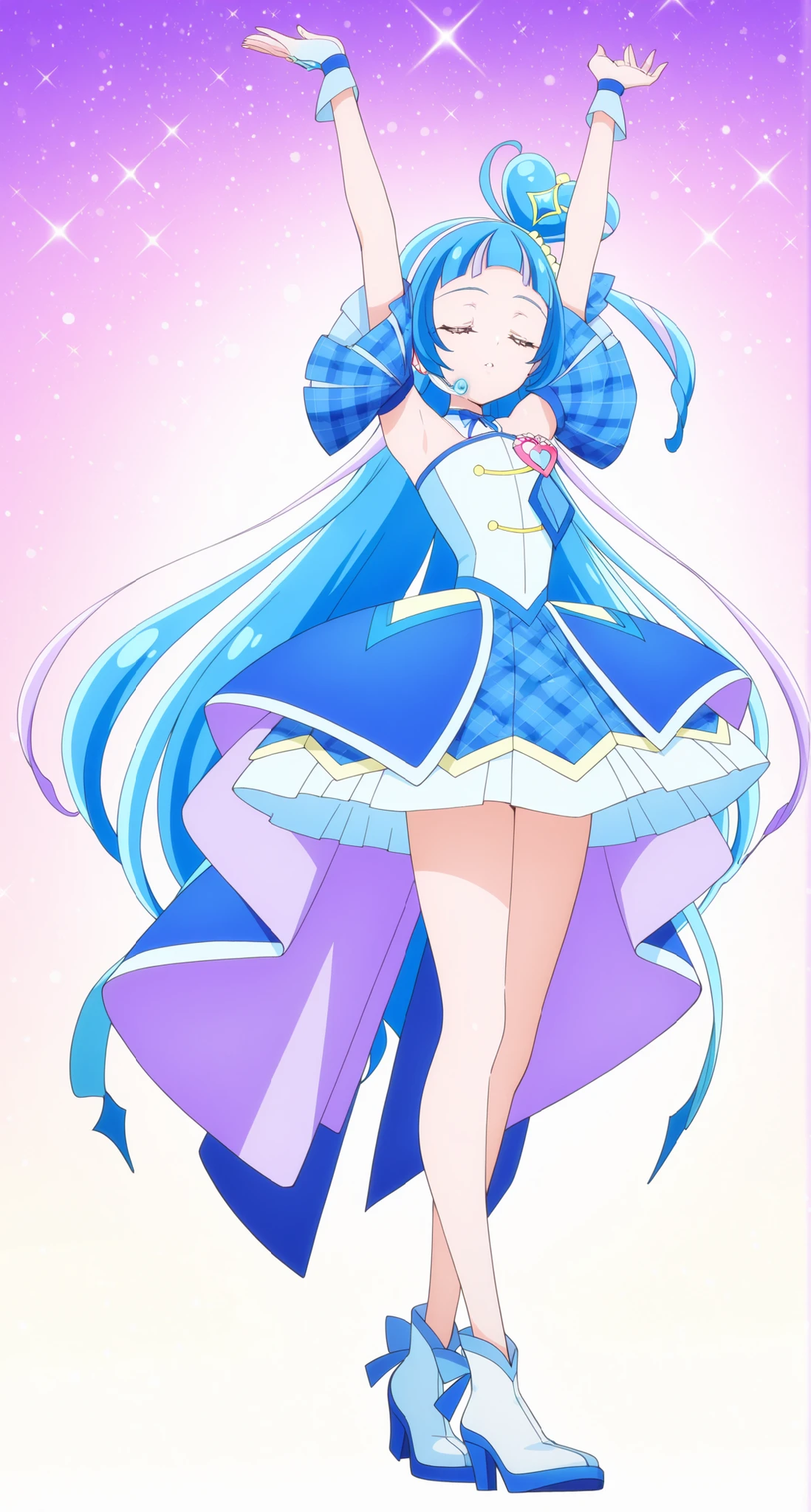 cure wink, kimi to idol precure, blue hair, magical girl, mini crown, closed eyes, blue dress, tilted headwear, very long hair, blunt bangs, shoulders, hairband, two-tone hair, purple hair, jewelry, idol clothes, idol, masterpiece, best quality, newest, absurdres, CG, anime, source anime, illustration,heart brooch, headset, thigh ,glossy lips,large ,full body, standing ,raise up arms ,raise up hands, looking below ,from front, blue diamond and blue glitter background