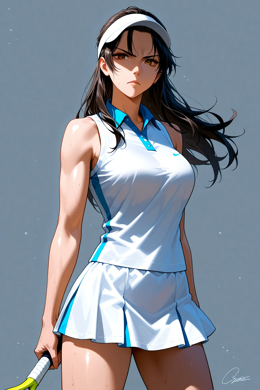 Hyuuga Hanabi, long hair tied low, hair band, Hana purple eyes, bangs, ponytail, beautiful, beautiful woman, perfect body, perfect ???????, wearing tennis clothes, wearing a tennis hat, on the tennis court, holding a tennis racket , looking at the viewer, a slight smile, realism, masterpiece, textured skin, super detailed, high detail, high quality, best quality, 1080p, 16k