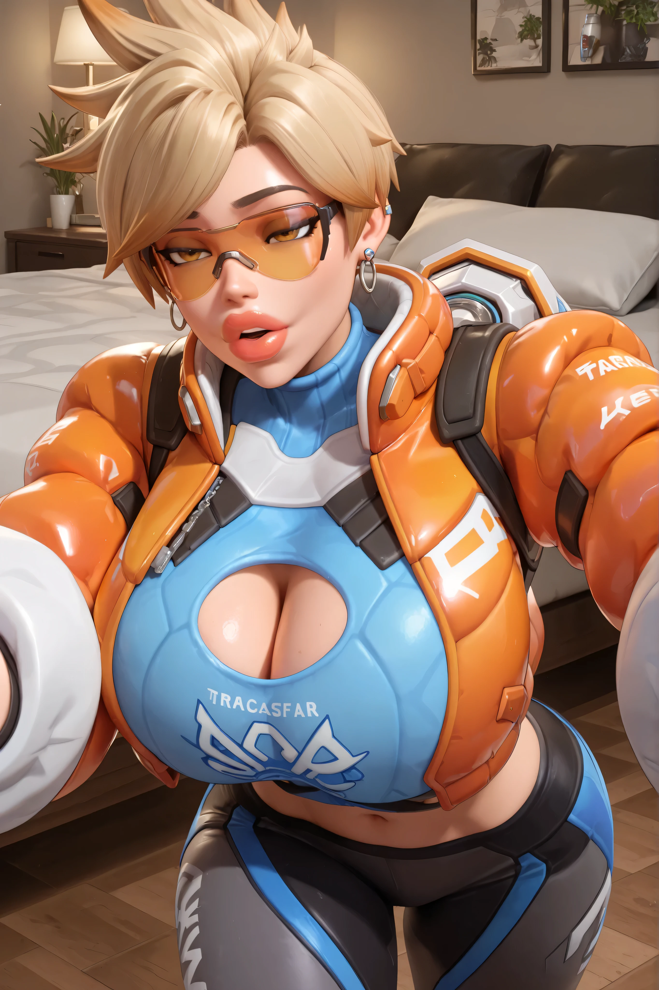 owtracer, le sserafim tracer, blonde hair, spiky hair, organge glasses, earrings, crop top, cleavage cutout, puffy jacket, cropped jacket, leggings, 1girl, gigantic breasts, gigantic thighs, masterpiece, best quality, closeup, bedroom, 3D style, 3D, blender, ((massive lips)), parted lips, bimbo lips, drooing, lidded eyes, airhead, midriff