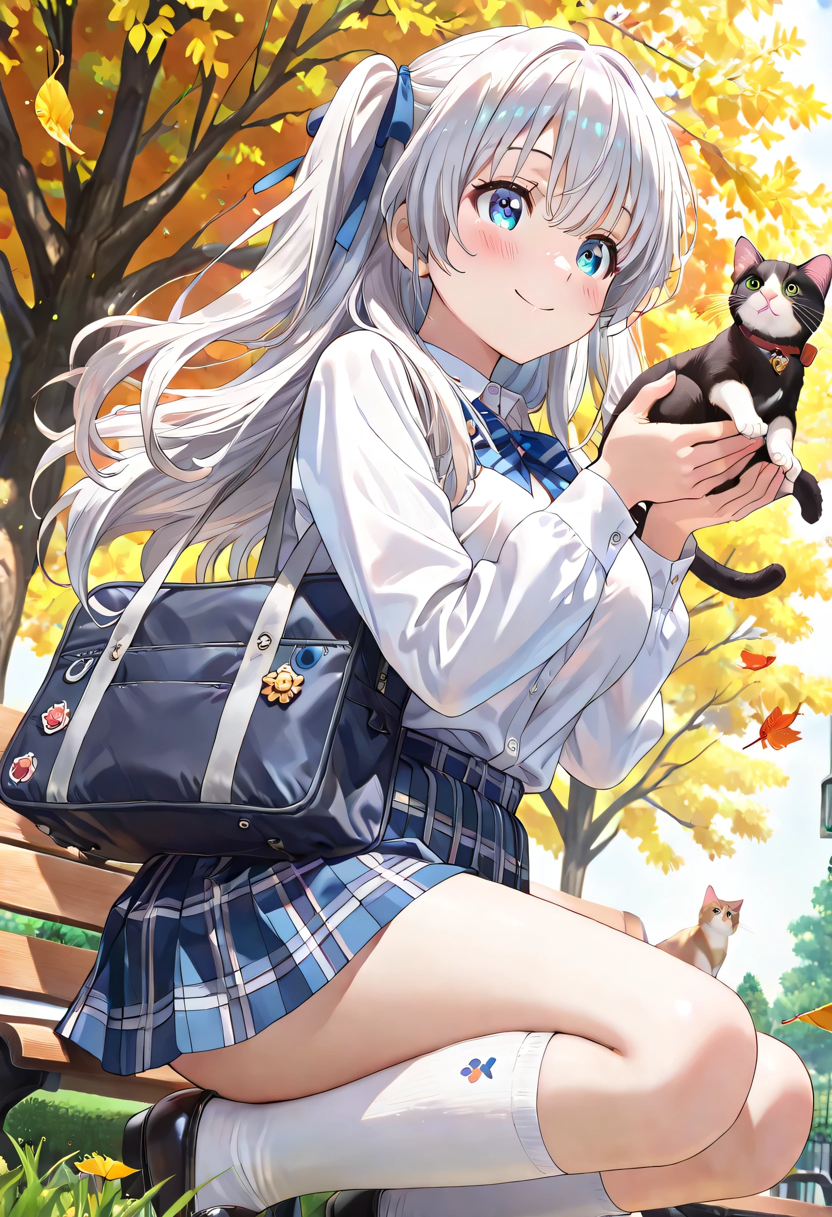 ((ultra-detailed)), (highly detailed CG illustration), (best quality:1.3), ultra-highly detailed, colorful composition, artistic photoshoot, 1girl, 1cat, solo, moe anime character, Anime-style, short stature, dainty facial structure, round face, rounded chin:1.2, blue eyes:1.3, droopy eyes:1.3, silver hair:1.3, long hair, two side up hairstyle, delicate curls, hair ribbon with black, harmonious color palette, ethereal ambiance, ample breasts, school uniform, blue stripe neck bow, long sleeves white shirt, blue checked pleated skirt, white high socks, school blazer with navy blue, school bag from her shoulder, smile:1.3, happy:1.3, joyful:1.3, blush:1.3, flowing hair in the wind, squatting down, playing with a cat:1.3, from side, dramatic angle, from below, looking at the cat:1.3, cowboy shot, park, autumn trees, fallen leaves, warm sunlight filtering through branches, benches and soft grass in background, leaves fluttering, daytime, sidelighting, dynamic pose, contrapposto pose, best quality, masterpiece, cinematic lighting, 8K resolution, portrait, depth of field, caustics, ray tracing, perfect face, lustrous skin, highly detailed face, highly detailed eyes, perfect face, perfect nose, perfect hair, perfect eyes, beautiful hair, beautiful small face, extremely detailed face, beautiful detailed eyes, beautiful clavicle, beautiful body, beautiful ample breasts, breasts squeezed together, thin thighs, beautiful legs, beautiful fingers, 4 fingers, 1 thumb, lovely, (very detailed background:1.0), (highly detailed background:1.0), pastel colors palette, kawaii aesthetic, intricate details, girly atmosphere, chromatic aberration