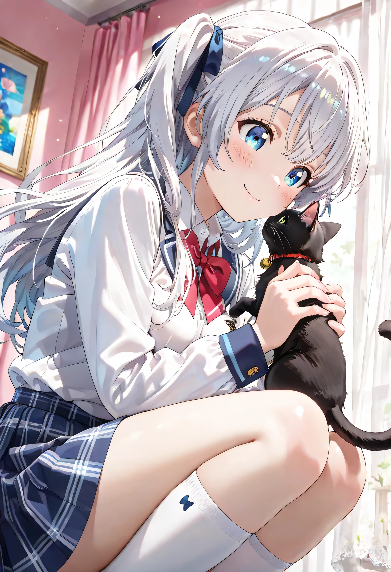 ((ultra-detailed)), (highly detailed CG illustration), (best quality:1.3), ultra-highly detailed, colorful composition, artistic photoshoot, 1girl, 1cat, solo, moe anime character, Anime-style, short stature, dainty facial structure, round face, rounded chin:1.2, blue eyes:1.3, droopy eyes:1.3, silver hair:1.3, long hair, two side up hairstyle, delicate curls, hair ribbon with black, harmonious color palette, ethereal ambiance, ample breasts, school uniform, blue stripe neck bow, long sleeves white shirt, blue checked pleated skirt, white high socks, school blazer with navy blue, smile:1.3, happy:1.3, joyful:1.3, blush:1.3, flowing hair in the wind, squatting down, playing with a cat:1.3, from side, dramatic angle, from below, looking at the cat:1.3, cowboy shot, cute room for young girl background, pink background, daytime, sidelighting, dynamic pose, contrapposto pose, best quality, masterpiece, cinematic lighting, 8K resolution, portrait, depth of field, caustics, ray tracing, perfect face, lustrous skin, highly detailed face, highly detailed eyes, perfect face, perfect nose, perfect hair, perfect eyes, beautiful hair, beautiful small face, extremely detailed face, beautiful detailed eyes, beautiful clavicle, beautiful body, beautiful ample breasts, breasts squeezed together, thin thighs, beautiful legs, beautiful fingers, 4 fingers, 1 thumb, lovely, (very detailed background:1.0), (highly detailed background:1.0), pastel colors palette, kawaii aesthetic, intricate details, girly atmosphere, chromatic aberration