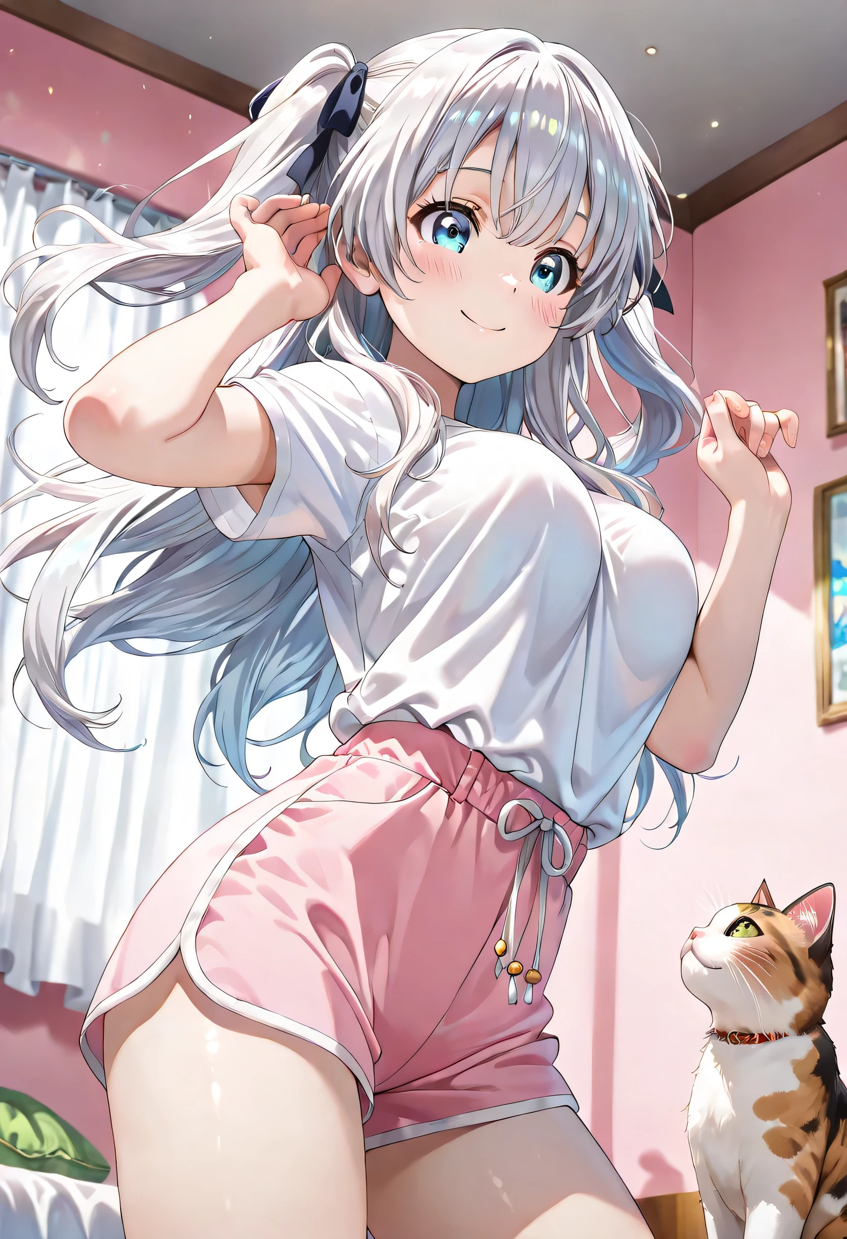 ((ultra-detailed)), (highly detailed CG illustration), (best quality:1.3), ultra-highly detailed, colorful composition, artistic photoshoot, 1girl, 1cat, solo, moe anime character, Anime-style, short stature, dainty facial structure, round face, rounded chin:1.2, blue eyes:1.3, droopy eyes:1.3, silver hair:1.3, long hair, two side up hairstyle, delicate curls, hair ribbon with black, harmonious color palette, ethereal ambiance, ample breasts, covered nipples, white T-shirt, impossible T-shirts, braless, pink shorts, smile:1.3, happy:1.3, joyful:1.3, blush:1.3, flowing hair in the wind, squatting down, playing with a cat:1.3, from side, dramatic angle, from below, looking at the cat:1.3, cowboy shot, cute room for young girl background, pink background, daytime, sidelighting, dynamic pose, contrapposto pose, best quality, masterpiece, cinematic lighting, 8K resolution, portrait, depth of field, caustics, ray tracing, perfect face, lustrous skin, highly detailed face, highly detailed eyes, perfect face, perfect nose, perfect hair, perfect eyes, beautiful hair, beautiful small face, extremely detailed face, beautiful detailed eyes, beautiful clavicle, beautiful body, beautiful ample breasts, breasts squeezed together, thin thighs, beautiful legs, beautiful fingers, 4 fingers, 1 thumb, lovely, (very detailed background:1.0), (highly detailed background:1.0), pastel colors palette, kawaii aesthetic, intricate details, girly atmosphere, chromatic aberration