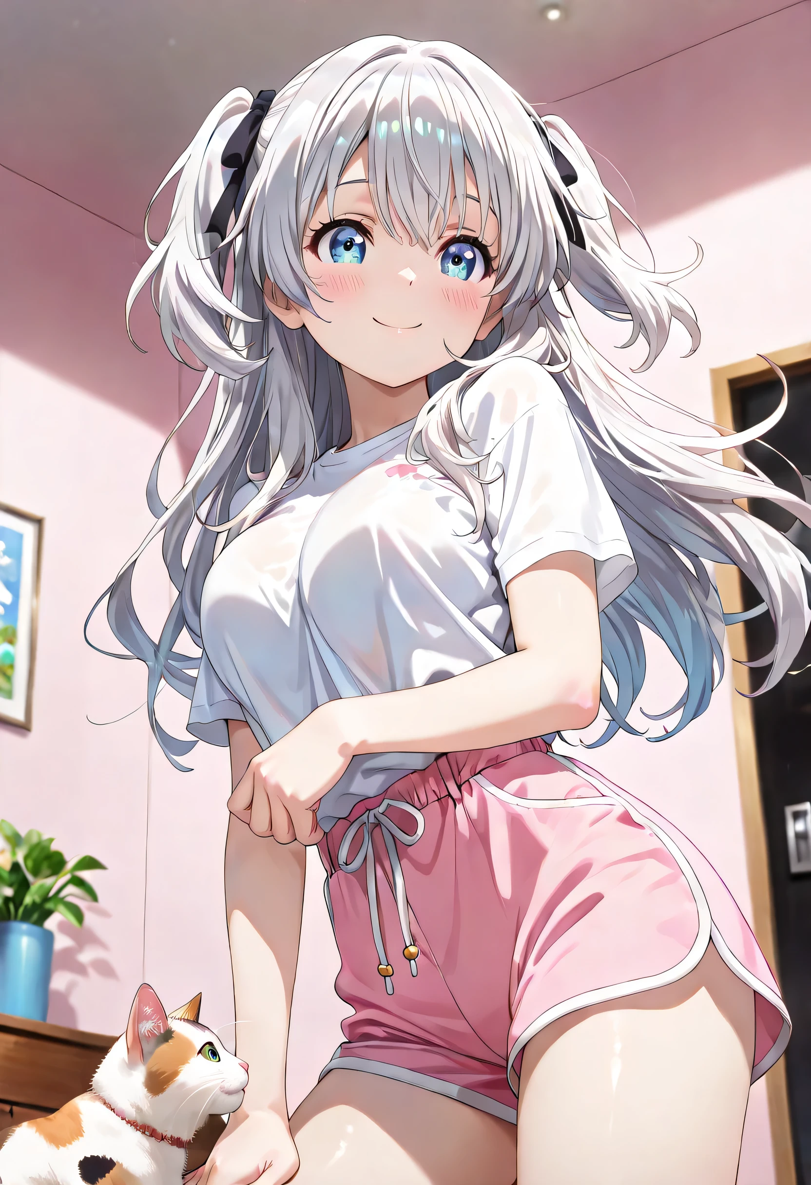 ((ultra-detailed)), (highly detailed CG illustration), (best quality:1.3), ultra-highly detailed, colorful composition, artistic photoshoot, 1girl, 1cat, solo, moe anime character, Anime-style, short stature, dainty facial structure, round face, rounded chin:1.2, blue eyes:1.3, droopy eyes:1.3, silver hair:1.3, long hair, two side up hairstyle, delicate curls, hair ribbon with black, harmonious color palette, ethereal ambiance, ample breasts, covered nipples, white T-shirt, impossible T-shirts, braless, pink shorts, smile:1.3, happy:1.3, joyful:1.3, blush:1.3, flowing hair in the wind, squatting down, playing with a cat:1.3, from side, dramatic angle, from below, looking at the cat:1.3, cowboy shot, cute room for young girl background, pink background, daytime, sidelighting, dynamic pose, contrapposto pose, best quality, masterpiece, cinematic lighting, 8K resolution, portrait, depth of field, caustics, ray tracing, perfect face, lustrous skin, highly detailed face, highly detailed eyes, perfect face, perfect nose, perfect hair, perfect eyes, beautiful hair, beautiful small face, extremely detailed face, beautiful detailed eyes, beautiful clavicle, beautiful body, beautiful ample breasts, breasts squeezed together, thin thighs, beautiful legs, beautiful fingers, 4 fingers, 1 thumb, lovely, (very detailed background:1.0), (highly detailed background:1.0), pastel colors palette, kawaii aesthetic, intricate details, girly atmosphere, chromatic aberration