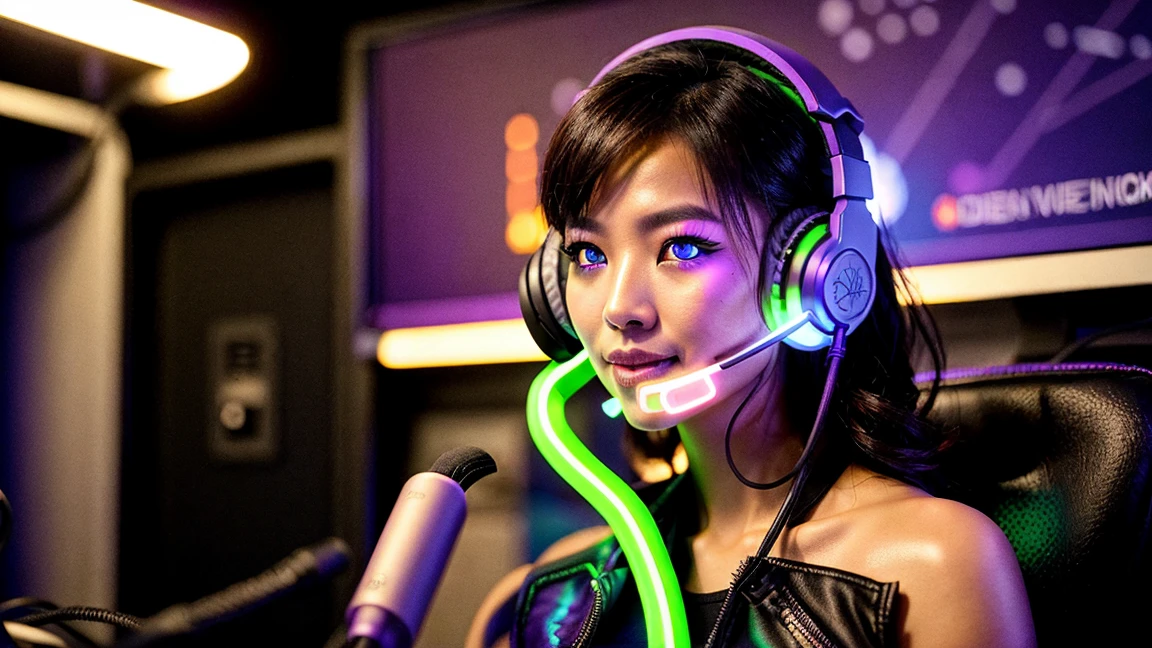 raw photo , 8K, ultra detailed, (realistic:1.2), (1girl), ( smile:1.5), (round face), (black camisole), (:1.3), BREAK (uplifting light green neon ball:1.5), (dark room:1.5)