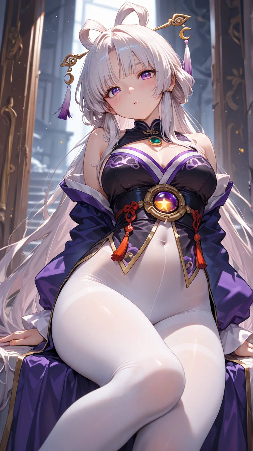 realistic, 1girl, white hair, purple eyes, glowing eyes, crop top, skirt, parted lips, blush, night, flowers, sun, sunlight, ?????????,