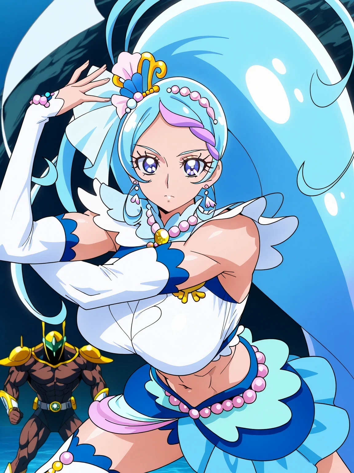 score 9 , score 8 up, score 7 up, source anime, masterpiece, Best quality, Best resolution, best image quality, anime coloring, anime screenshot, anime screencap, official style, 1woman, cure mermaid is a female warrior, cyan haired woman, female warrior, seashell, pearl, jewelry, hair ornament, sea warrior, deep sea aura, solo, long cyan hair woman, high wide ponytail hair, multicolored hair, two tone hair, streaked hair, gradient hair, purple bangs, braided bangs, eyelashes, thick eyebrows, hair flip, juicy lips, shell crown, zodiac girl knight, shell hair ornament, muscular and strong, sparking magical woman, royal elegant pose, flexible pose, anime woman is wearing a royal blue crop top dress, anime woman is wearing a Belly button outfit, anime princess, strong muscles, white arm warmers, white gloves, white knee boots, white detached sleeves, white high heels, white heel boots, crop top dress with an royal blue, ((cure mermaid outfit)), royal blue mini skirt, royal blue flared skirt, layered skirt, white shoulder pads, white collar, chunky muscles, Portrait of a Zodiac woman Knight, strong woman, official art, latex material outfit, slender waist, royal blue latex, cobalt blue latex, two tone latex, multicolored latex, cure mermaid outfit, male focus, looking at viewer, solo focus, cowboy shot, bare shoulders, bare thighs, tall woman, midriff, navel, abdominal muscles, huge breasts, very large breasts, large boobs, stomach, covered biceps, covered biceps long head, covered biceps short head, covered triceps, covered triceps medial head, covered triceps lateral head, covered triceps long head, brachioradialis, covered trapezius, deltoids, anterior deltoids, middle deltoids, posterior deltoids, covered gluteus, covered semitendinosus, covered hamstrings, covered adductor magnus muscles, thigh muscles, muscular woman, separate outfit, battle outfit, male like muscles,