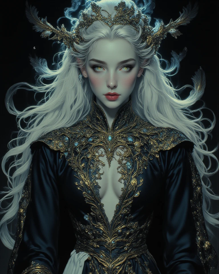 (analog style),(photorealistic:1.3), (skeleton like:0.4), ((female ornate princess)), (with white long flowing hair), (bright beautiful eyes), trending on artstation, flowers of hope by Jean-Honor Fragonard, Peter mohrbacher, hyper detailed, insane details, stunning, intricate, elite, art nouveau, ornate, liquid wax, elegant, luxury, Greg Rutkowski, ink style, sticker, vector-art beautiful character design, double exposure shot, luminous design, award winning, masterpiece, amoled black background, pale skin, subsurface scattering,