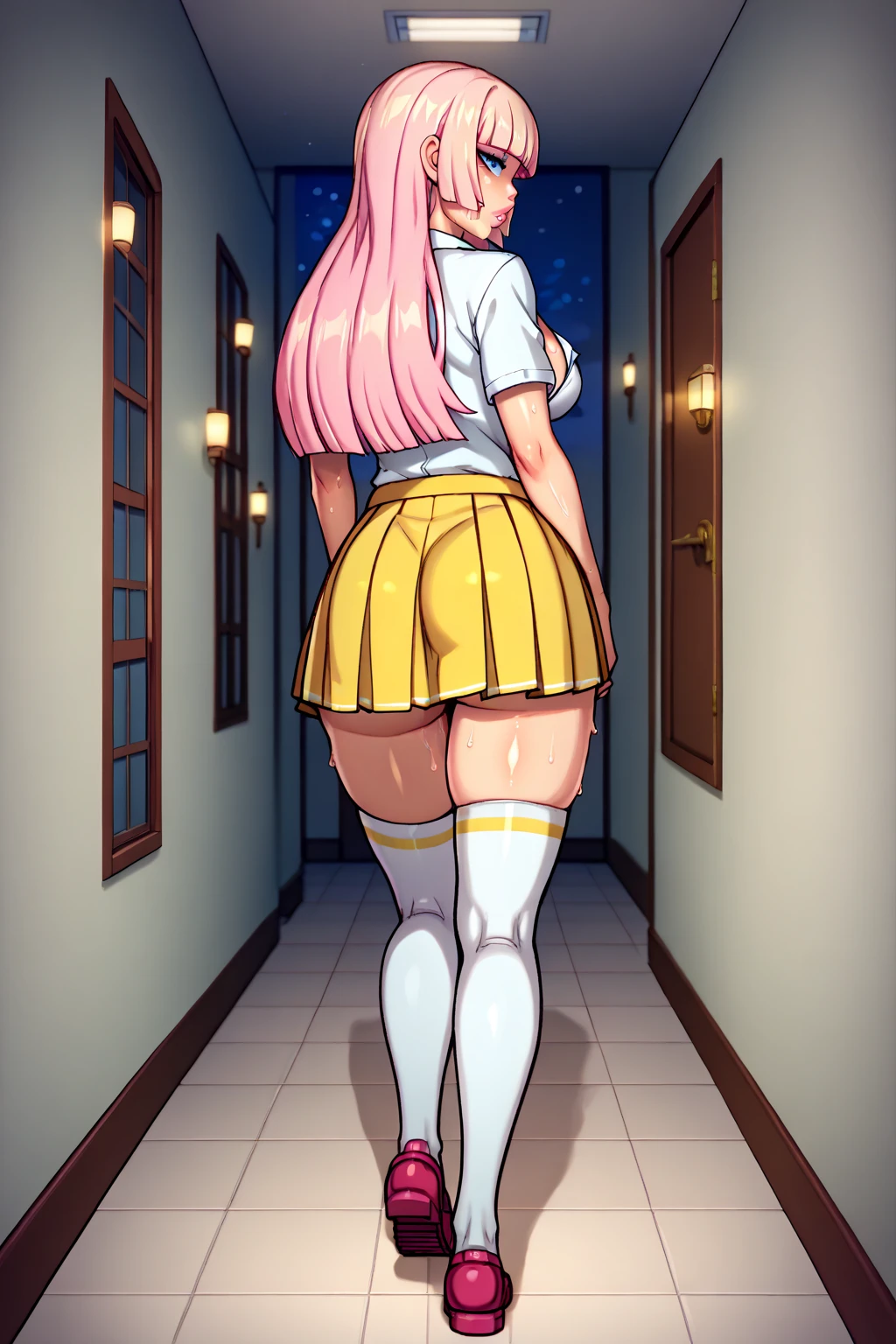 cute, small, (child:0.5), sarugaki hiyori, barefoot, blonde hair, yellow eyes, (twintails:1.1), shy, 1 girl, flat torso, standing, , wet body, spread leg, ass, ass grab,  in , squatting, wet body 