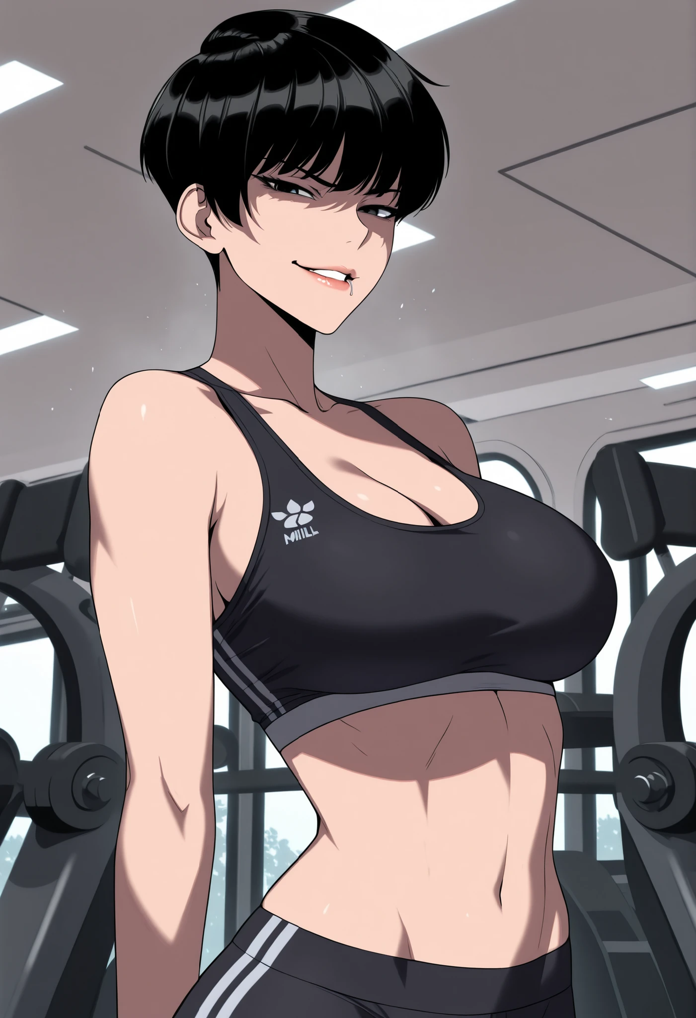 1girl, solo, perfect, best quality, masterpiece, middle age adult, milf, top view, medium shot, looking at viewer, evil smirk parted lips, , black hair, tomboy haircut very short hair, black eyes, lip gloss, slim waist, cleavage, sports bra, black jogging pants, background modern sports gym interior.