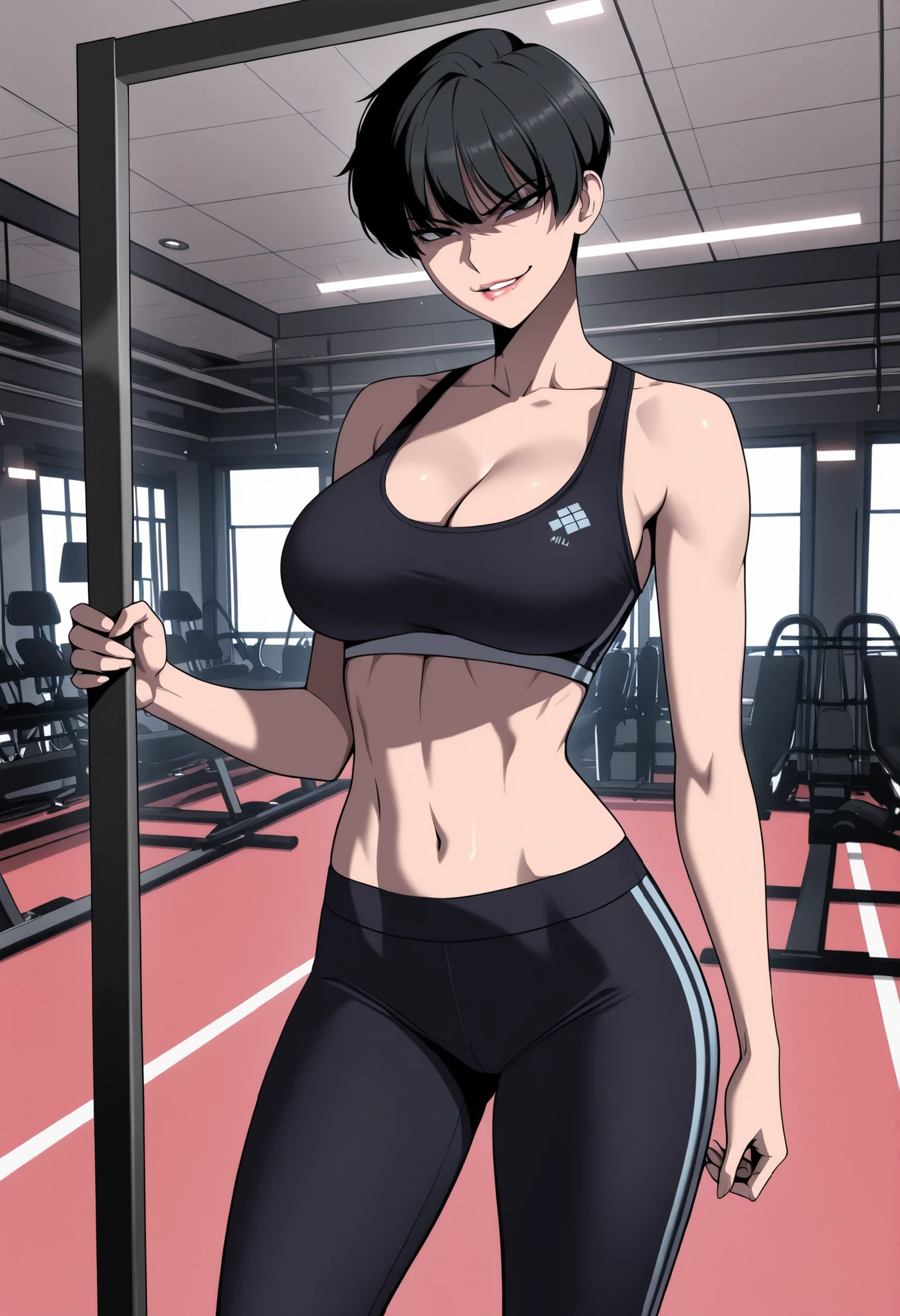 1girl, solo, perfect, best quality, masterpiece, middle age adult, milf, top view, medium shot, looking at viewer, evil smirk parted lips, , black hair, tomboy haircut very short hair, black eyes, lip gloss, slim waist, cleavage, sports bra, black jogging pants, background modern sports gym interior.