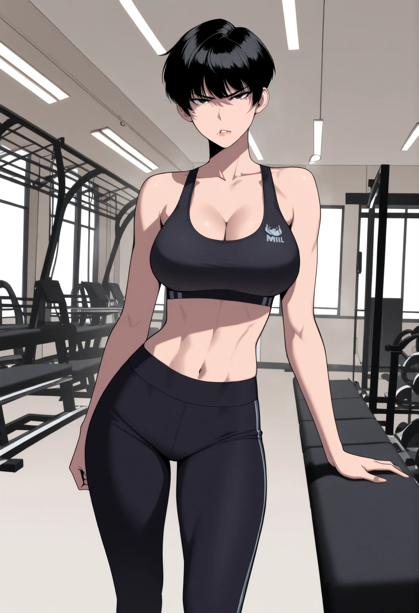 1girl, solo, perfect, best quality, masterpiece, middle age adult, milf, top view, medium shot, looking at viewer, stern serious annoyed parted lips, , black hair, tomboy haircut very short hair, black eyes, lip gloss, slim waist, cleavage, sports bra, black jogging pants, standing, background modern sports gym interior.