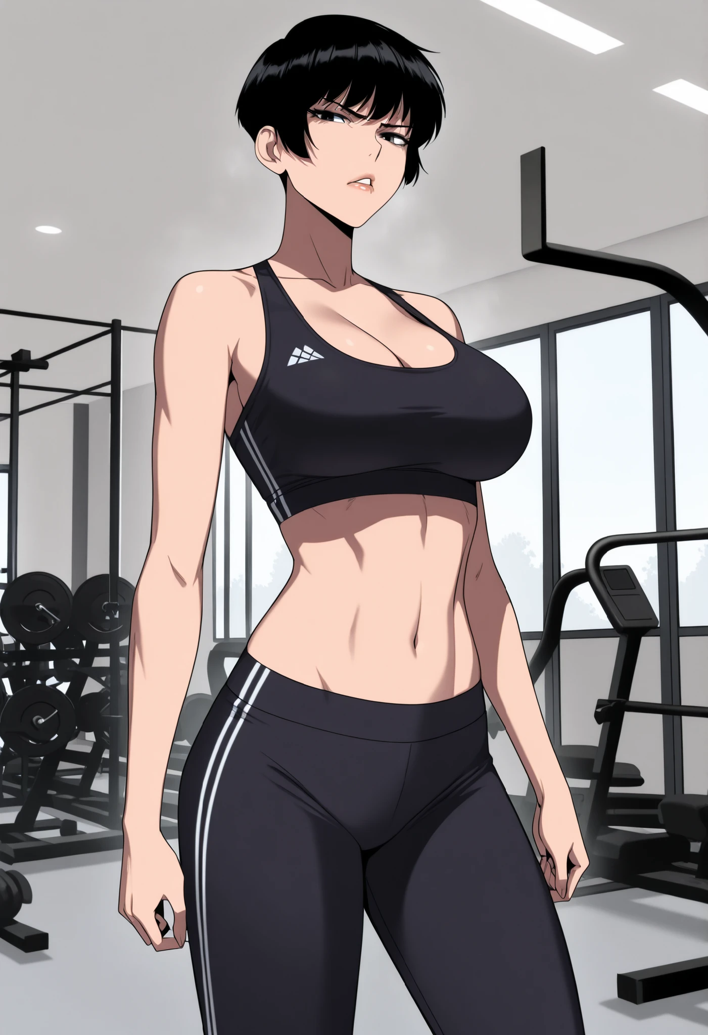1girl, solo, perfect, best quality, masterpiece, middle age adult, milf, top view, medium shot, looking at viewer, stern serious annoyed parted lips, , black hair, tomboy haircut very short hair, black eyes, lip gloss, slim waist, cleavage, sports bra, black jogging pants, standing, background modern sports gym interior.