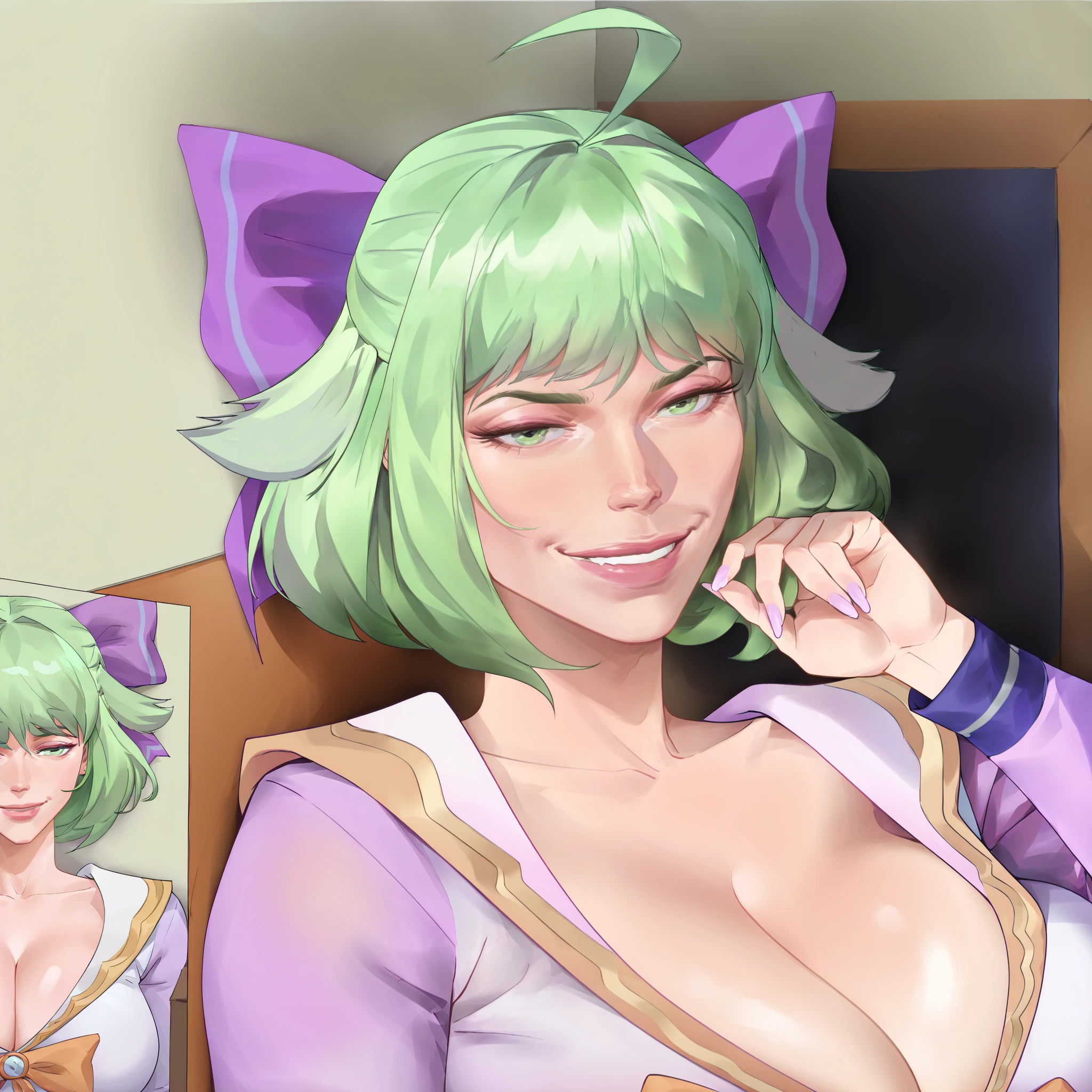 sxy5tyle, Saigalisk style, Masterpiece, best quality, high resolution, 1girl, upper body shot, (best quality),
(ultra-detailed),(masterpiece, best quality:1.3), 1female, adult, mature female, indoors, smile, age 30 - 40, curvy, busty, thick, mature face, milf, mother, short green hair, green eyes, purple bow headdress, sailor suit (upper body only), Green Hair Bow Girl,
ahoge / stray hair, M-shaped fringe / M-shaped bangs, Barrette, Hair
bow voluptuous, voluptuous female, looking at viewer, high resolution,8k, 4K, high detail, detailed bangs, detailed hair, high detail face, high detail eyes, detailed lips, small nose, GreenHairBowGirl,
facial close-up, beautiful detailed
eyes, detailed skin, soft smile,**facing viewer,