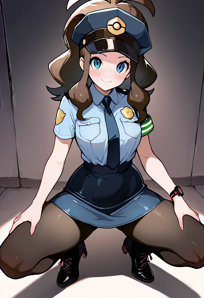 There is a woman in a police uniform, official, police official, (Yoshida Yuuko), sad police, Attire: cop, redhead woman, yoshida yuuko wearing a police uniform, high resolution commission, sheriff woman, Lois van Baarle y Rossdraws, , leotard blue,  legs, sitting on a chair, (((his hands are behind his body)),((The whole body is tightly bound.)) in jail, tapegag,