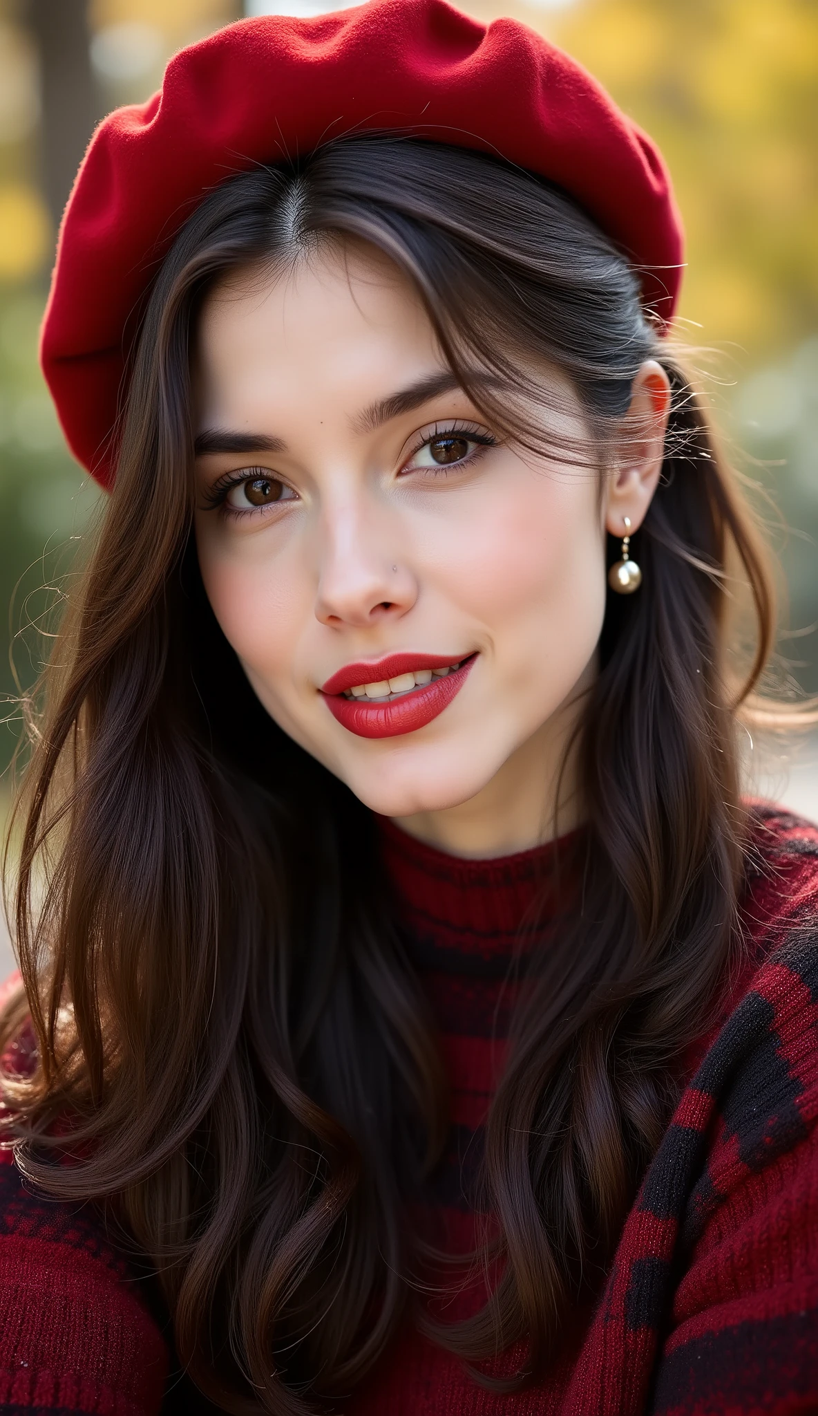 
A **highly detailed, photorealistic close-up portrait** of a **beautiful young woman** with **long, wavy, rich brown hair** flowing over her shoulders. She has a **clear, flawless complexion** and striking facial features, including **large, expressive dark eyes** and **full, defined lips** painted with a complementary **coral-red lipstick**.

She is wearing a **vibrant cherry-red beret** tilted slightly on her head, and a **form-fitting, long-sleeved sweater** featuring a **subtle black and red plaid or textured knit pattern**. Delicate, small, **dangling earrings** are visible.

The lighting is **soft, natural daylight**, suggesting a **sunny autumn afternoon**. The background is **gently blurred (bokeh effect)**, showing warm, **out-of-focus greens and browns** of an outdoor park or tree-lined street, which perfectly isolates the subject and makes the reds of her outfit and hat stand out.

---

### **✨ Suggested Keywords for Style/Aesthetics**

* **Style:** Photorealistic, Hyper-detailed, Cinematic Lighting, DSLR Photograph
* **Subject:** Korean/East Asian Beauty, Fashion Model, Stylish
* **Aesthetics:** Autumn fashion, Parisian chic, Soft focus, Bokeh background

