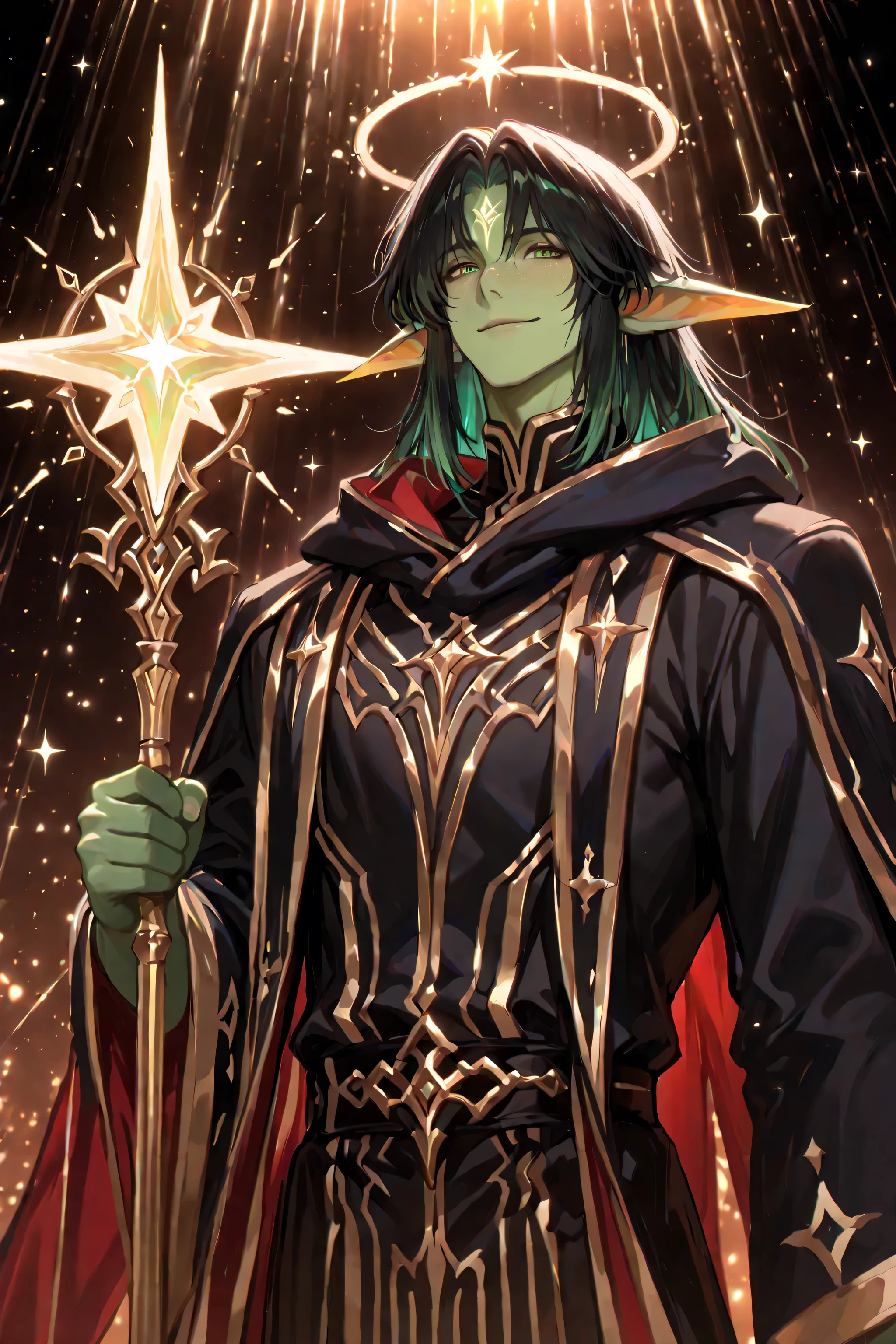 Male Verdan warlock with celestial patron, small goblinoid figure with vibrant green skin and long expressive ears, resembling a heroic and cool goblin. Sharp but friendly features, confident smile, glowing bioluminescent freckles on his face. Anime style with high detail. Wearing elegant warlock robes fused with celestial motifs: flowing dark fabrics with gold trim, starry patterns, luminous sigils, and subtle halo-like light effects around him. Holding a star-shaped arcane focus or a staff with radiant celestial energy. Heroic pose, cloak slightly billowing, warm divine glow illuminating him. Background filled with soft stars, light rays, and ethereal celestial ambience