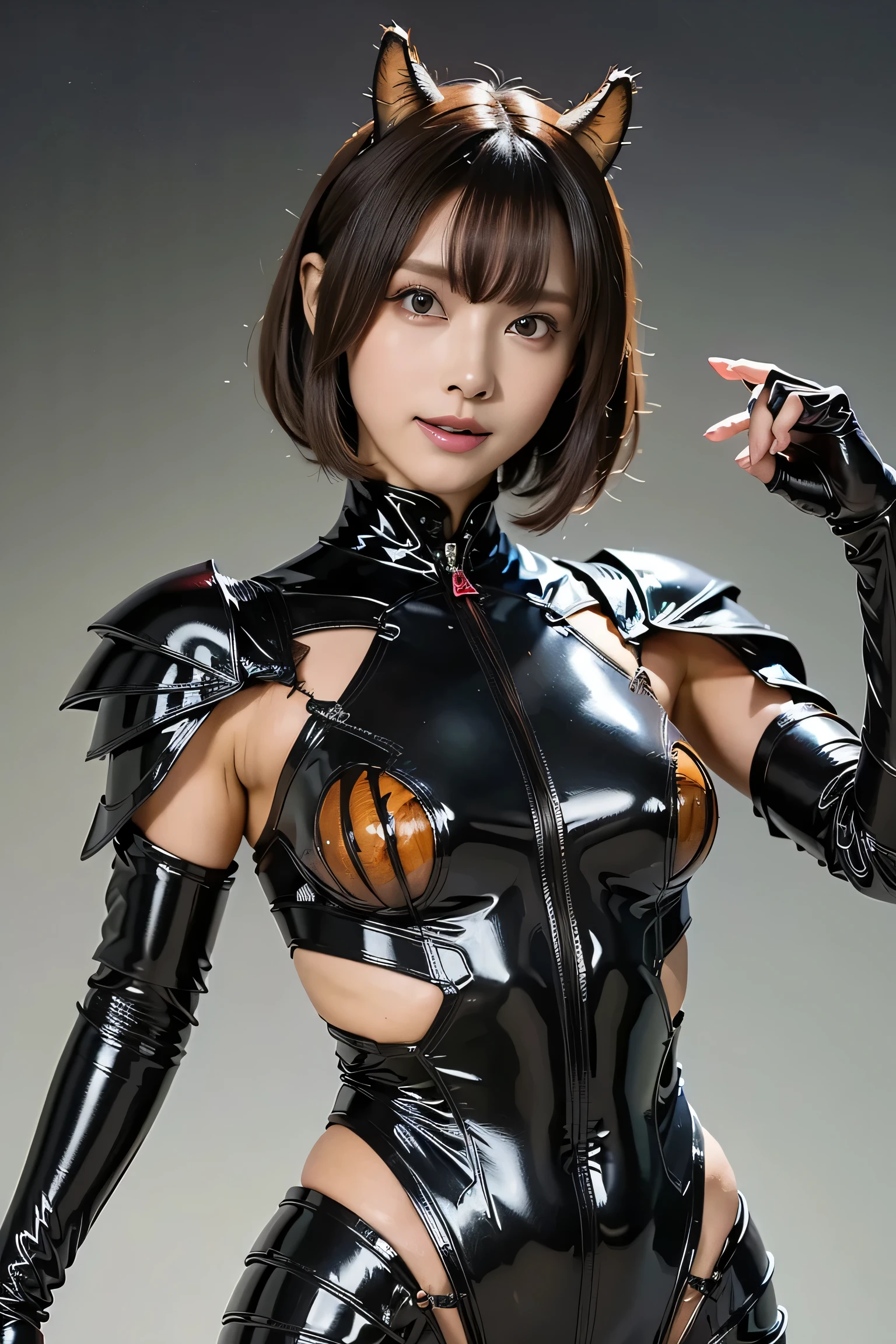 masterpiece、 best quality、 high resolution、 more details、Super Shiny、Oily luster、ゴキブリと女性のFusion、 female cockroach morphology 、Cockroach woman 、Fusion、Operation Alone、 gals、 Perfect Female Ratio 、 evil smile、 cute、Cockroach Antennae 、ゴキブリと外骨格スーツのFusion、 dark mahogany skin 、Short Hair、Crustaceans、 arthropod 、 enemy hideout background 、 evil organization style background