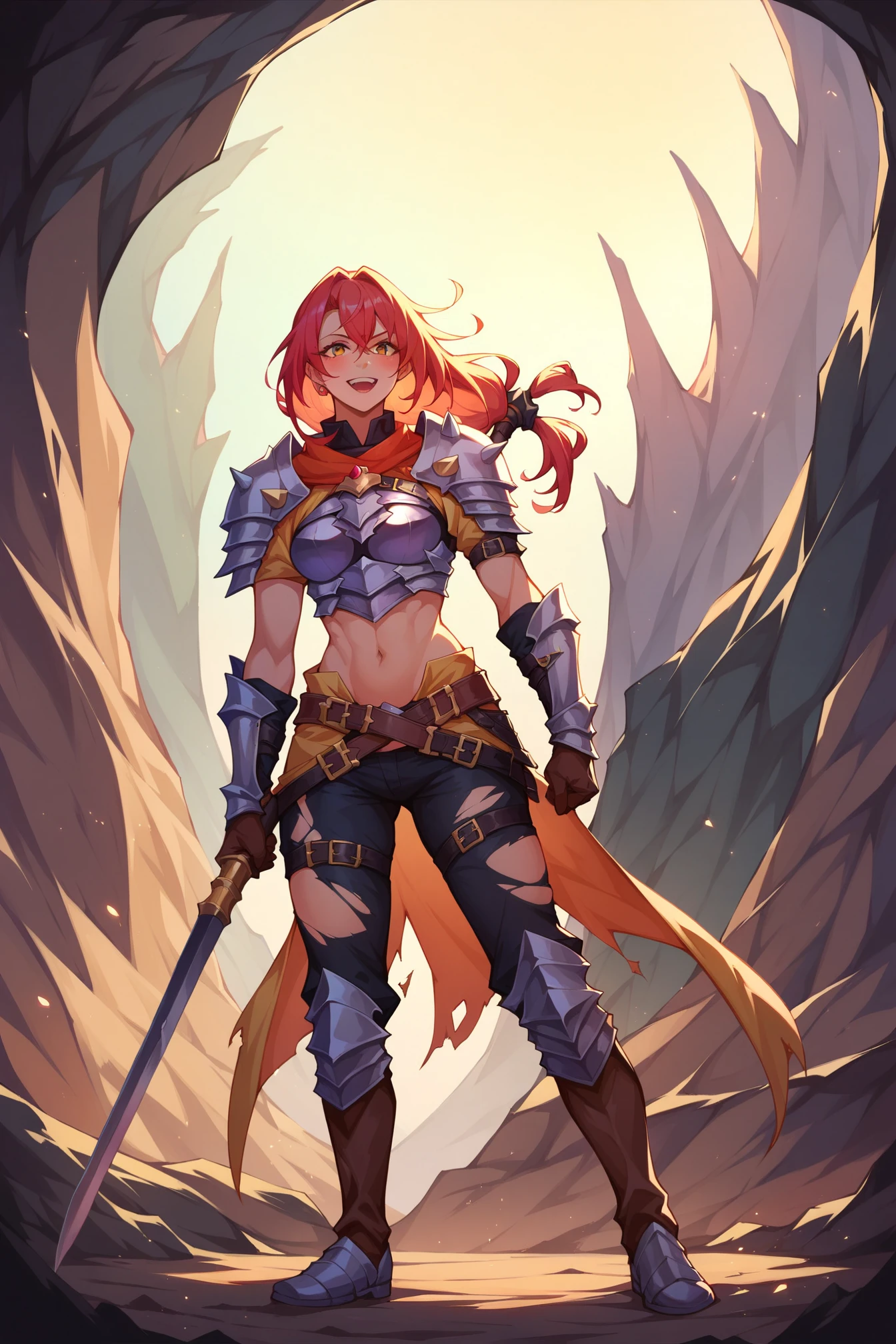 perfect quality,best quality,absolutely eye-catching,ambient occlusion,raytracing BREAK
1girl,<lora:fia IL v1:0.7>,fia,red eyes,red hair,short hair,dark-skinned female,tattoo,armor,shoulder armor,red cape,green pelvic curtain,dog tail,tiger stripes,facial tattoo,pointy ears,