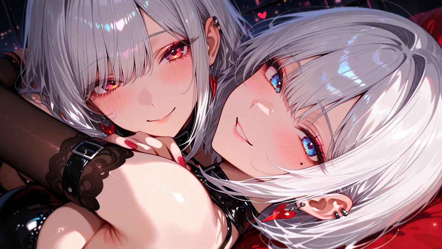 White Hair、Pink Eyes、Short Hair、laughing、Only one girl、alone、Cute、Face is close、Night、laughing、At the bed、Blushing、、Stick your tongue out、Sweating、Excited