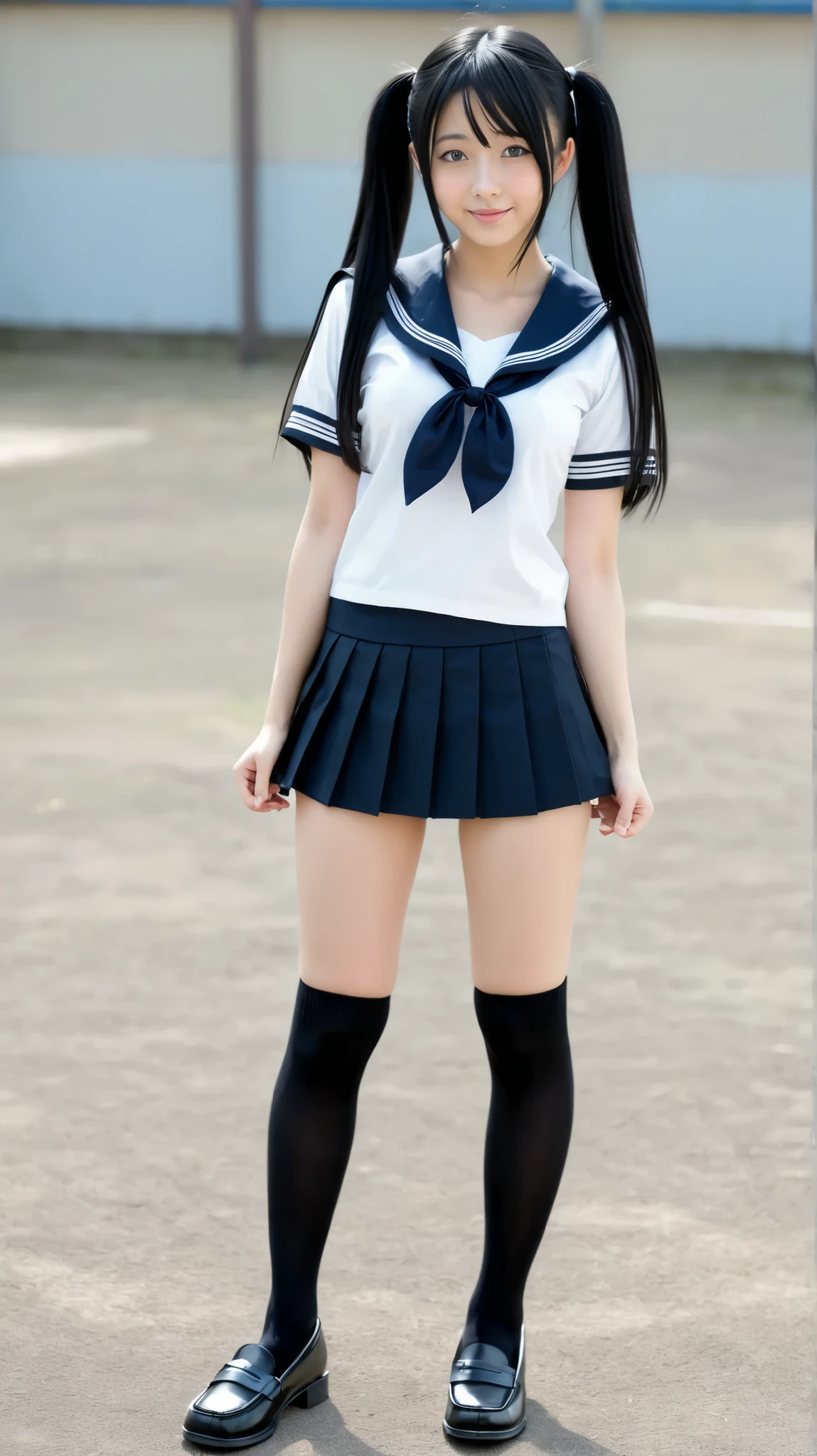 Realistic female high school student standing on an empty school playground、long black twintailhair、cute like an idol、sailor suit、mini skirt、loafers、black high socks、during an all-school meeting、full body view