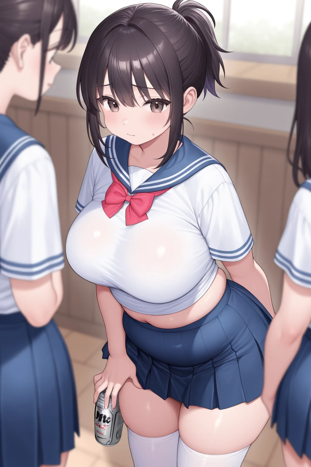 (, ) ,,best quality,   , glamorous, voluptuo us, ,grab breasts,flushed face,extreme long shot,bob cut black hair,,white bikini,1 girl,many boy