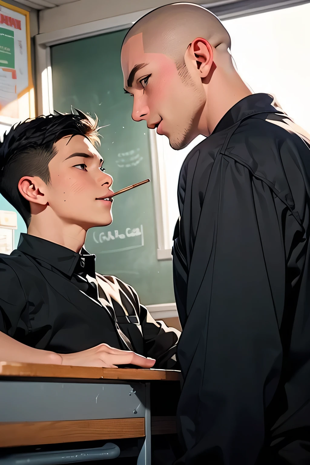 high school boys male teacher short hair black hair uniform skinhead indoors two block hair Two men face each other Two men stare at each other Smile Yan Future Classroom man eats one Pocky from both ends shy face