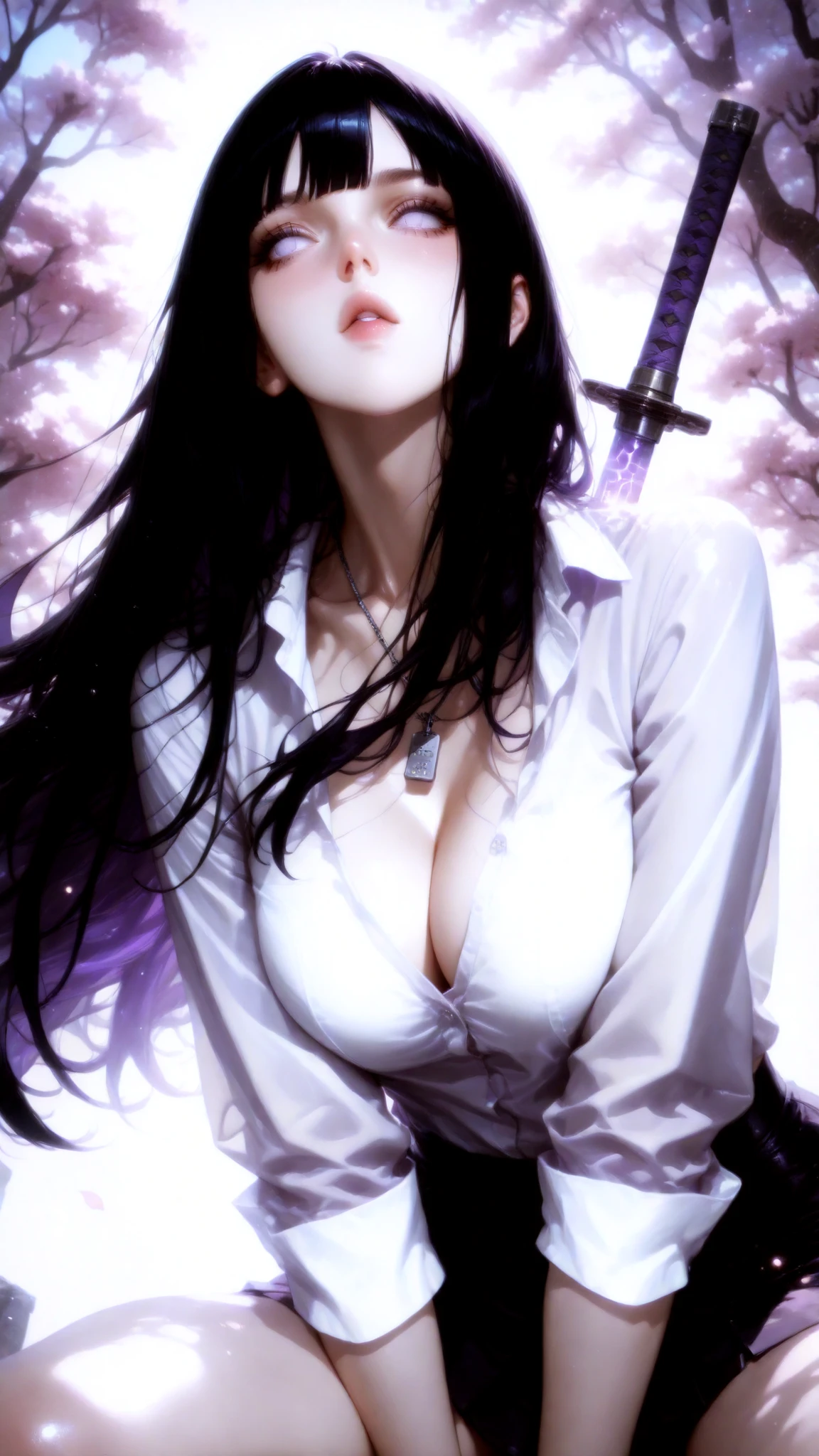 (((dynamic action pose,)))back to the viewer and looking away, Low angle forced perspective (1.4), Beautiful girl with long flowing black hair, with bangs, large breasts with prominent cleavage, Slender and graceful body, pale lavender eyes without pupils"hinata hyuga",(1.3), Black with faint neon reflections (1.4), arc light trails (1.3), short skirt blowing in the wind, oversized shirt, Sparkling Magical Particles (1.3), Swirling Cherry Blossoms, Wave pattern (1.4), cinematic lighting (1.4), hair edge light, high contrast, Very bright, smooth skin texture, smooth metal accents, ネオンとブラックライトの入った黒い Background, thin clouds under the moonlit sky, for the viewer. Artistic composition, Third Law + Oblique flow; Subject in the foreground on the left, Sword trail on the top right; ultra high definition, ultra high definition, masterpiece. Lighting: Warm Key + cool blue/purple back edges; soft flowers around the magic; Dynamic Action Pose; Smooth hair scene. Background: Black with faint neon reflections; Mirror Reflection Controlled by Metal (Very Thin). Style tags: cinematic, natural glowing skin, Sharp edges, Minimal noise.