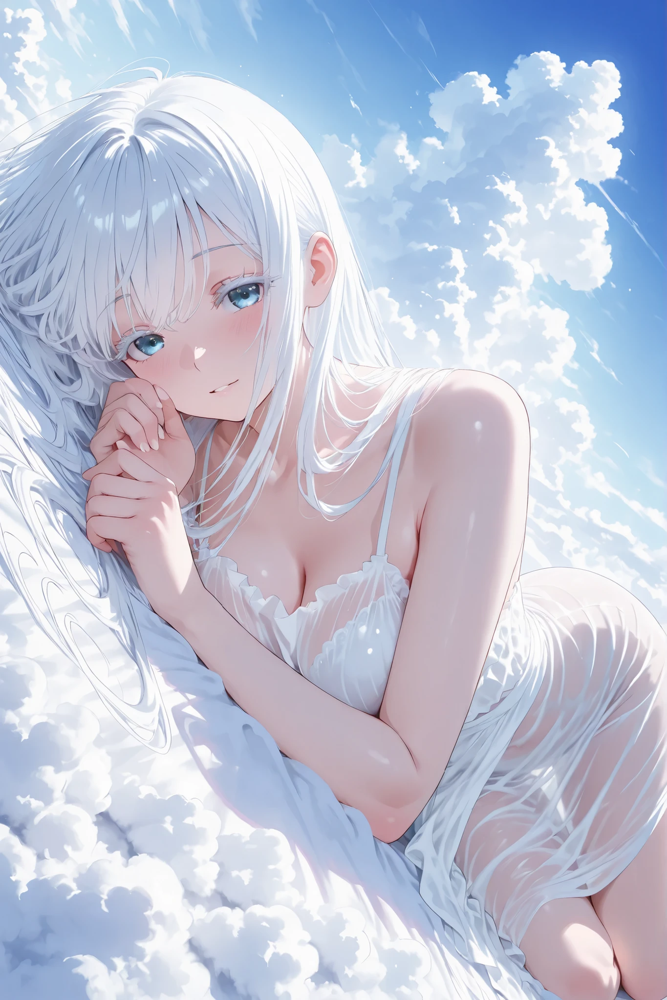 aria, white hair, white eyelashes, see through clothing, dreamy atmosphere, Lying on top of the clouds