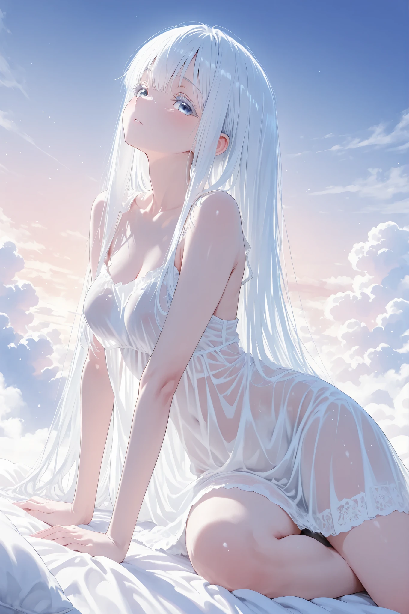 aria, white hair, white eyelashes, see through clothing, dreamy atmosphere, Lying on top of the clouds