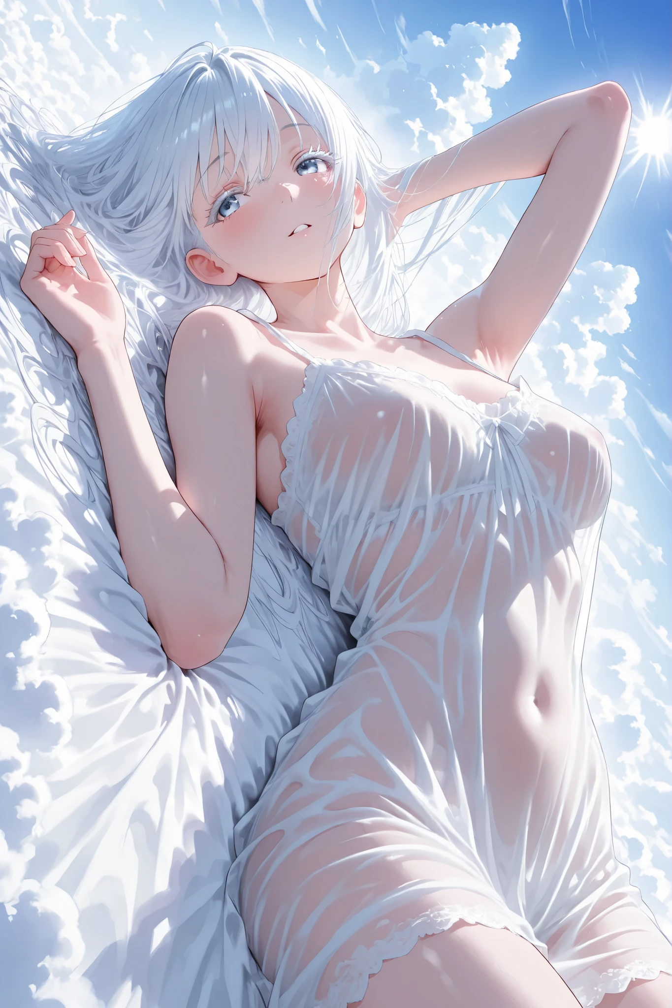 aria, white hair, white eyelashes, see through clothing, dreamy atmosphere, Lying on top of the clouds
