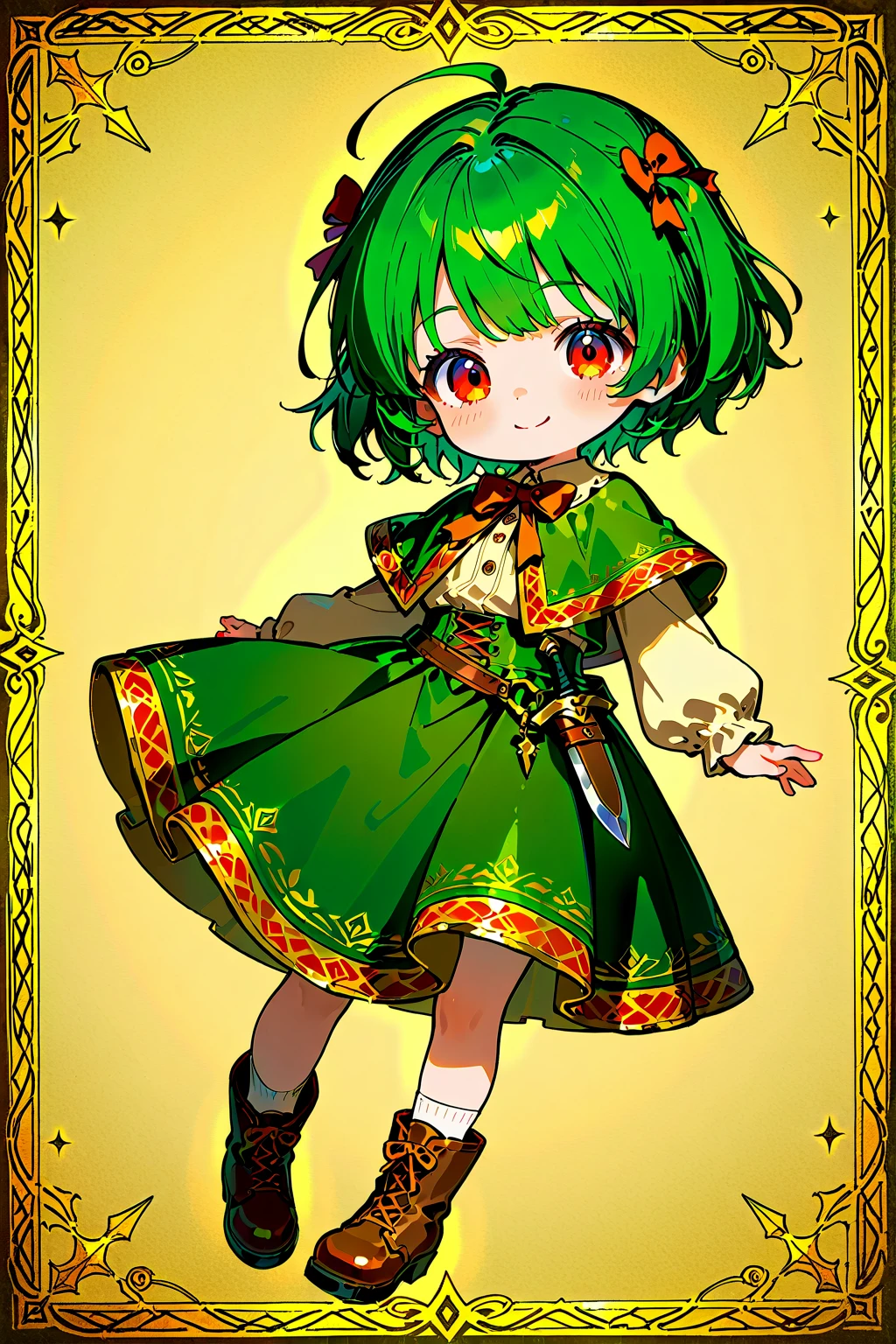 (((sfw))), <lora:cosmo:1>, sthcosmo, seedrian, blue eyes, cone hair bun, green hair, short hair, green dress, red gemstone, smile, city background, green leggings,