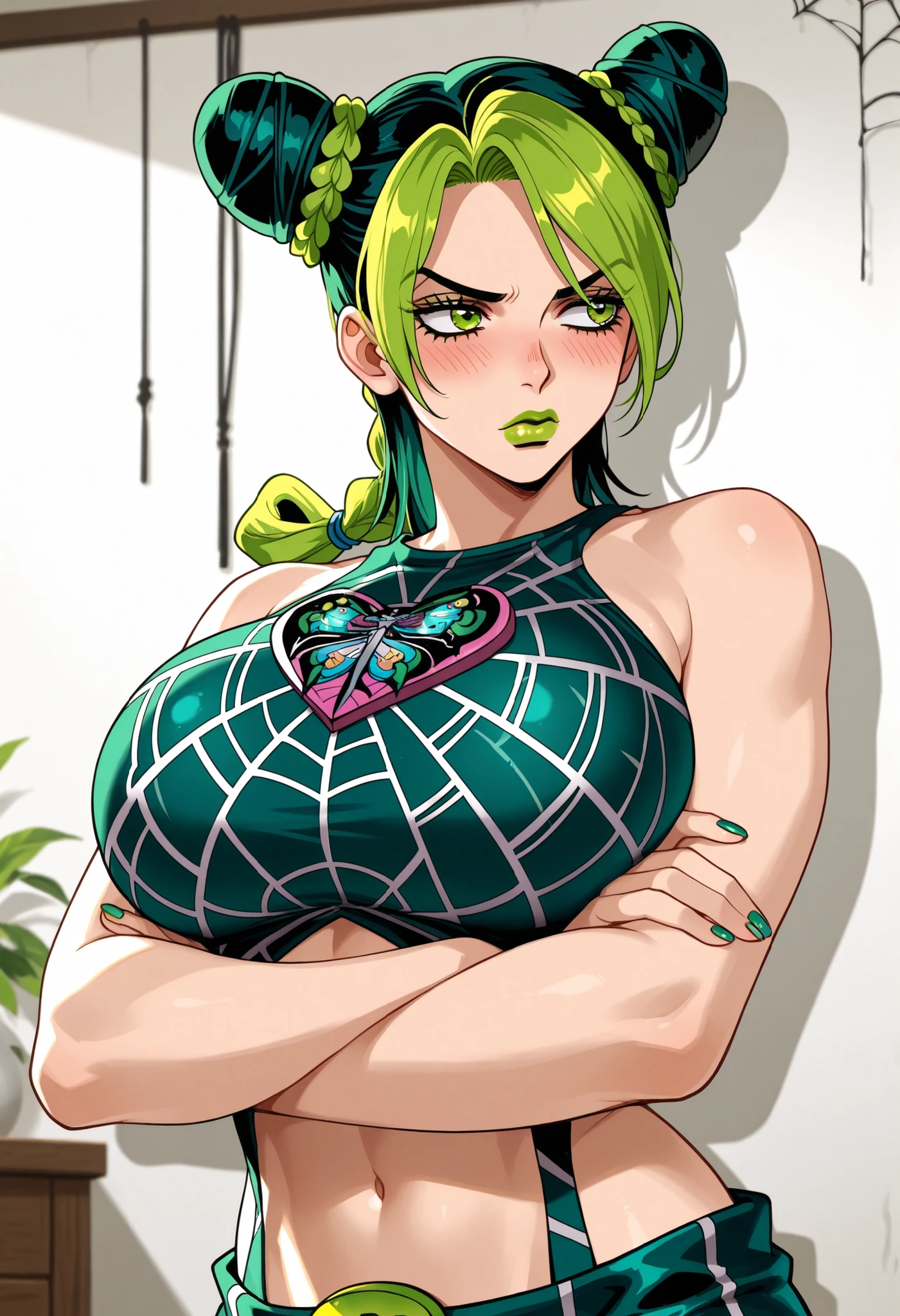 kjolyne, green eyes, two-tone hair, green hair, black hair, double bun, braided bun, braided ponytail, green lips, lipstick, make up, green nails, nail polish, spider web print, midriff, arms crossed, blush, big breasts, indoors, looking away, white walls