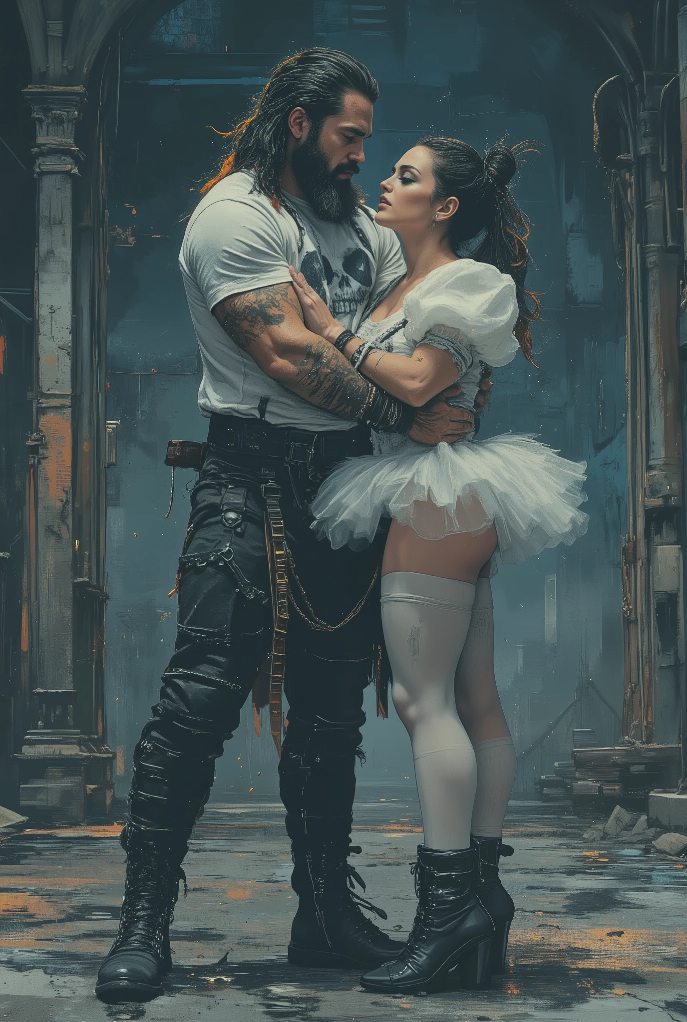 The king passionately hugs his queen. The digital illustration shows a muscular male king with long, loose black hair combed back and decorated with orange strands. He has a full beard. He is wearing a white T-shirt with a graphic design of a black skull, black trousers with lots of straps and buckles, and black high-top boots.In the king's arms is his queen. She's wearing a white tutu white pantyhose and platform boots. She is wellshaped, perfect body woman, smaller than man. She stands on her fingertips, holding onto the king's shoulder. She has stage makeup and a artistic hairstyle with two ponnytails. The background is a mix of abstract and urban elements, with a cool color palette dominated by shades of blue and gray. The overall style of the game is very detailed and dynamic, with an emphasis on strong and confident character behavior. Surreal digital graphics.