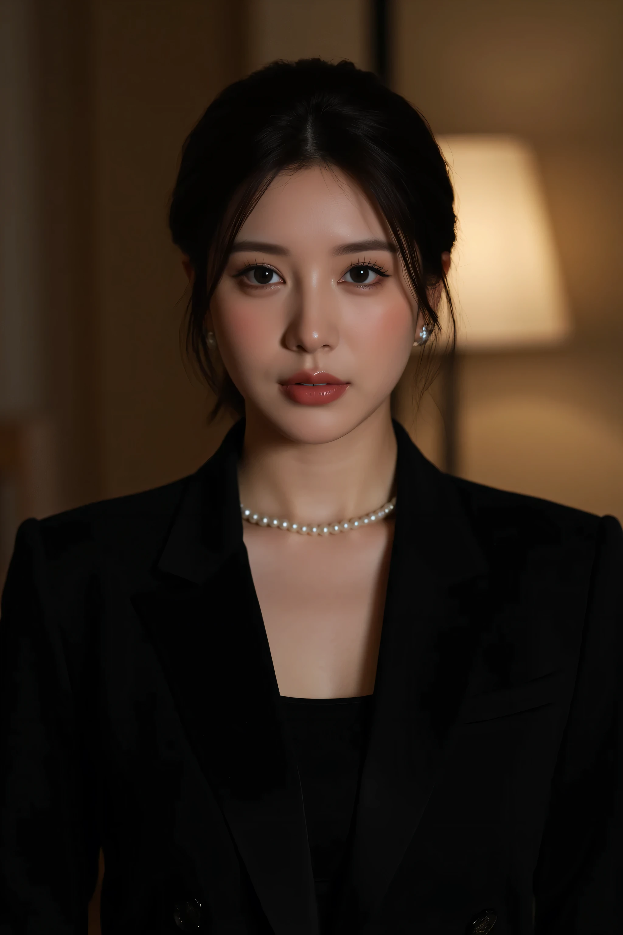 (top quality、greatest masterpiece、8k、best image quality、winning works)、(beautiful 40 year old mature woman:1.4)、 perfect and beautiful composition 、(Black Long Sleeve Jacket:1.2)、(black U-neck inner shirt:1.4)、(disconnect:1.2)、Wrinkled old face、big boobs、(formal short tied chignon :1.5)、(face close-up:1.3)、(perfect large pearl necklace:1.5)、standing gracefully、Modest Light Makeup、 Ultra High Resolution Beautiful Face 、ultra high definition hair、super high resolution sparkling eyes、super high resolution gloss slip、accurate anatomy、(It's dark、Elegant Japanese-style Room Background with Outstanding Forehead:1.5)、(Dim Japanese Style Room with only warm lamp light:1.5)、(Older face without a sad expression :1.5)、sliding door、Shoji screen、tatami、(Warm lamp backlighting:1.5)、(forehead is exposed:1.5)