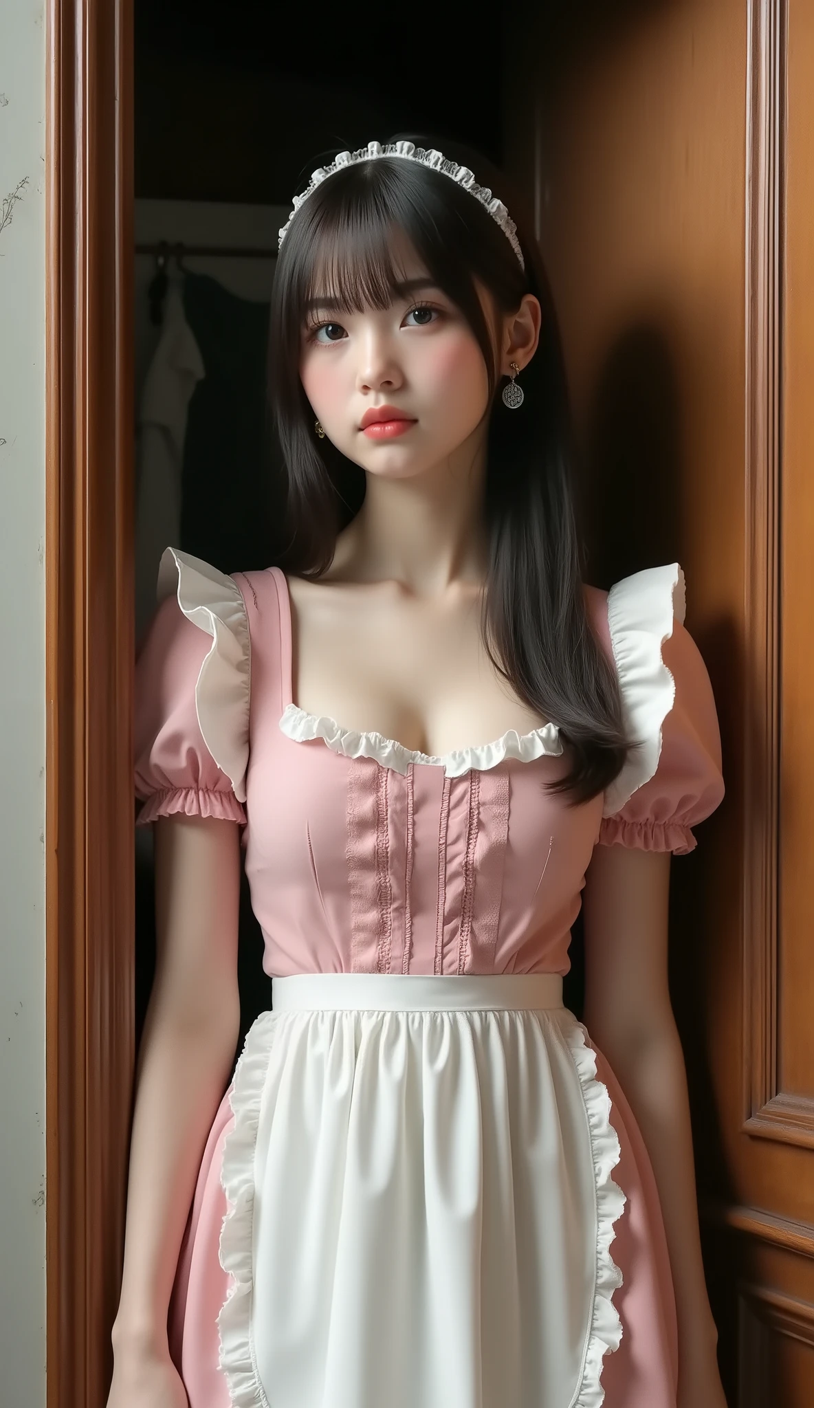 ultra-realistic, photorealistic, dramatic scene, shadow, global-illumination, solo, (young Japanese famous idol girl), very beautiful fragile Japanese girl, very beautiful with very cute face, (modern maid), (wearing a cute colored maid outfits with frills), (very ), slim waist, at the antique room in the European castle, antique furnishings, flowers, slight smile, She hides in a closet with a lot of mewing cats and peeks out, a lot of cute cats