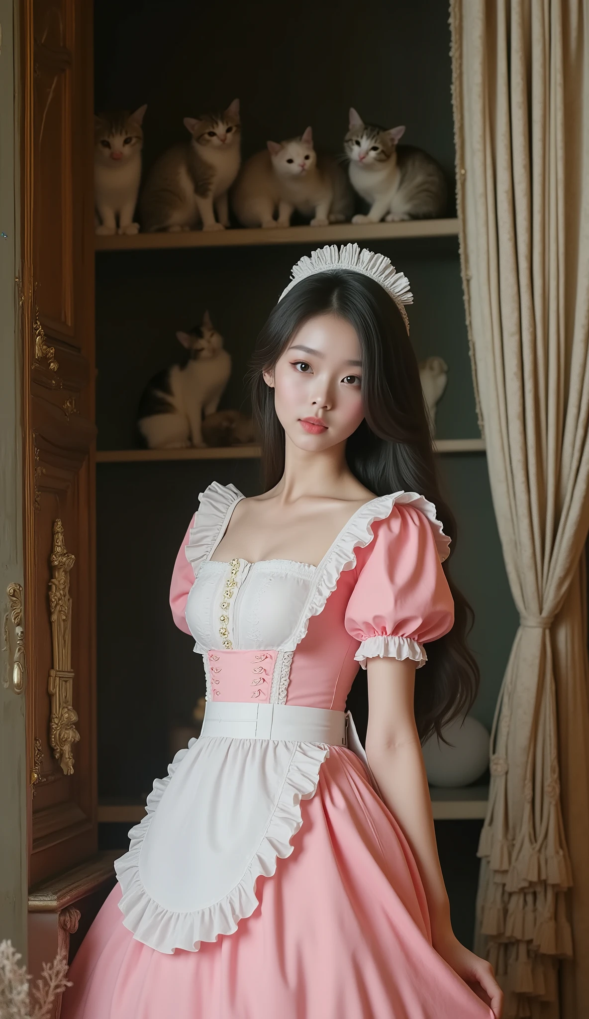 ultra-realistic, photorealistic, dramatic scene, shadow, global-illumination, solo, (young Japanese famous idol girl), very beautiful fragile Japanese girl, very beautiful with very cute face, (modern maid), (wearing a cute colored maid outfits with frills), (very large breasts), slim waist, at the antique room in the European castle, antique furnishings, flowers, slight smile, She hides in a closet with a lot of mewing cats and peeks out, a lot of cute cats