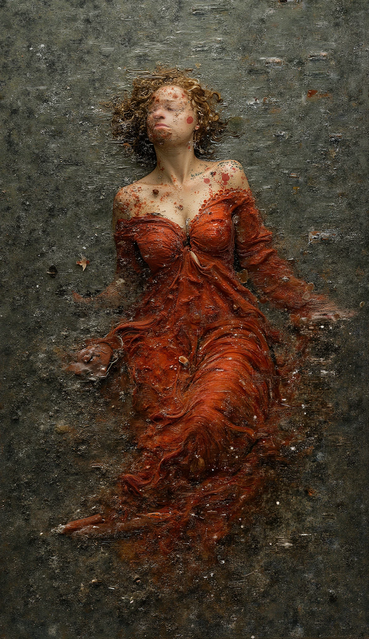 created a painting with oil painting with huge details , In the style of the artist Leonardo Davinci , The art of the era of European Renaissance , A fully detailed painting of a beautiful ( 28 years old) She wears a Kashmiri dress, lying on the sea level, half in the water and fish appear at the bottom of it. Her hair is red, curly and spread on the water. The picture seems cinematic. The angle of view is not taken from the top of the girl ( The full picture of the girl inside the frame and the view is aerial. On the front, )