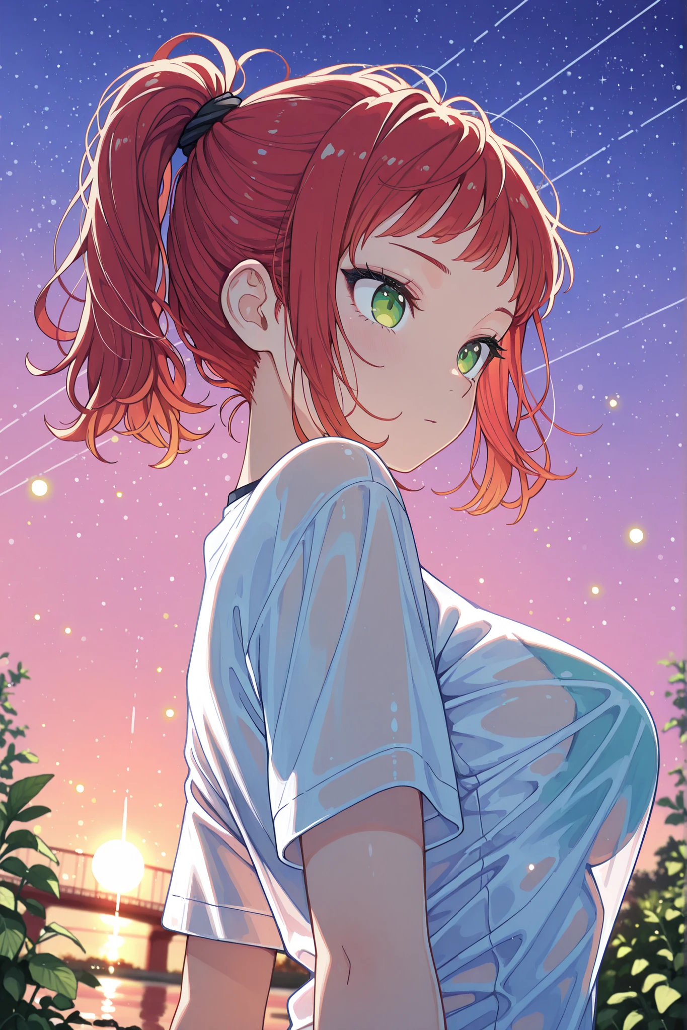 1girl, solo, original, naughty girl, green eyes, tsurime, detailed eyelashes, crimson hair, short ponytail, messy hair, high ponytail, (short bangs:1.2), (swept bangs:1.2), thick black eyeliner, large breasts, shirt, upper body, looking afar, arched back, dynamic pose, outdoors, sunset, bridge, crystal clear water, twilight, dusk, starry sky, plants, glowing particles, glowing, reflection, from below angle, female focus, blurry background, direct perspective, shallow depth of field,
painterly, vibrant, intricate line-art, intricate colors, intricate details, hyper detailed, vibrant hues, very awa, best quality, amazing quality, very aesthetic, absurdres, newest
