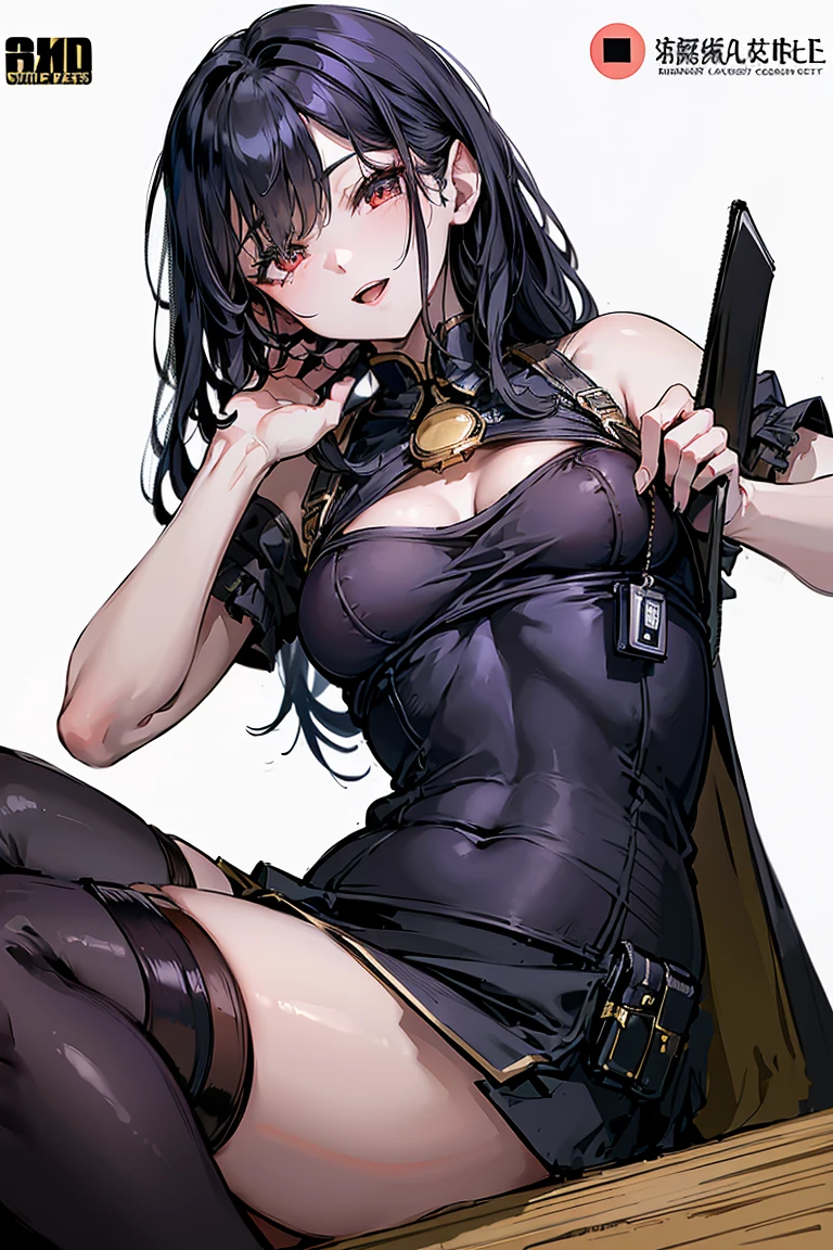 1 girl, ???? shoulders, black hair, ??????????????, (muscular legs), ???? legs, muscular belly, wide ????, thin waist, (((clock eyes))), (wearing a very short and ???? ??????), ( ((in the motel room))), full body, hairband, (sitting on chair with legs crossed), heterochromia, black high heel shoes, lolita hairband, long hair, red eyes, mischievous smile, look cunning, alone, symbol-shaped pupils, (Kurumi tokisaki), (twintails), yellow eyes,