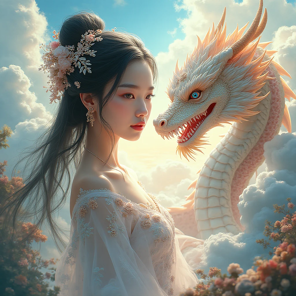 dragon_real,(extremely detailed CG unity 8k wallpaper,masterpiece, best quality, ultra-detailed, beautiful detailed eyes:1.2),best illumination, (best shadow, an extremely delicate and beautiful, bloom),the girl was surrounded by dragons, (1girl:1.4),breasts, solo,full body,Back tattoo,white dress,(color dragon:1.4), leg,long dress,