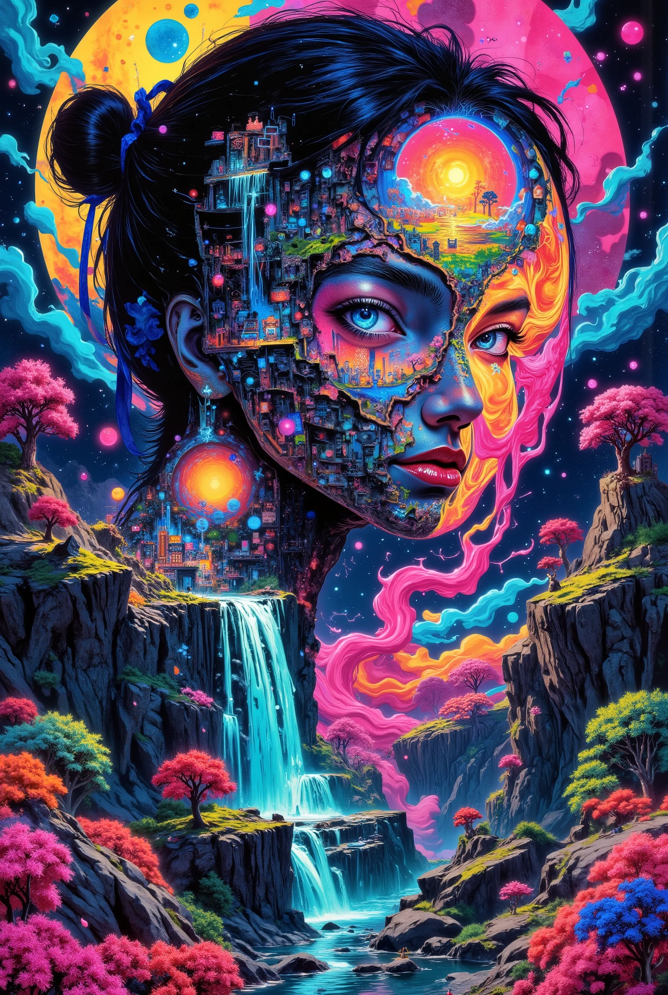 hyperrealistic surrealism illustration of a blue-eyed Japanese woman, face cracked on one side, her hair tied in a bun with a blue colored ribbon, looking at the camera with a hollow open shoulder showing a large beautiful waterfall object rocks and cherry trees, complicated, textured, irregular, neon lights, blue, pink, yellow, green, and red backlit silhouettes, smoke color dispersion, inkblot-like shadows, reality effects of torn cloth, upside-down tree roots, complicated objects, melting, free floating, endless corridors, money city reflecting itself, buildings breathable, The composition should flow vertically, transitioning from dark roots to smooth peaks. subtle neon flow, Subtle flow of energy floating in neon blue and pink connecting all elements, mix of organic and geometric shapes, virtual reality horizon, Cyberpunk color scheme, cracked textures, Smooth gradient between color transitions, Psychedelic surrealism meets cyberpunk aesthetic, Mix of organic and digital elements, Emphasis on vertical flow and movement, Dark fantasy meets neon art. very HD