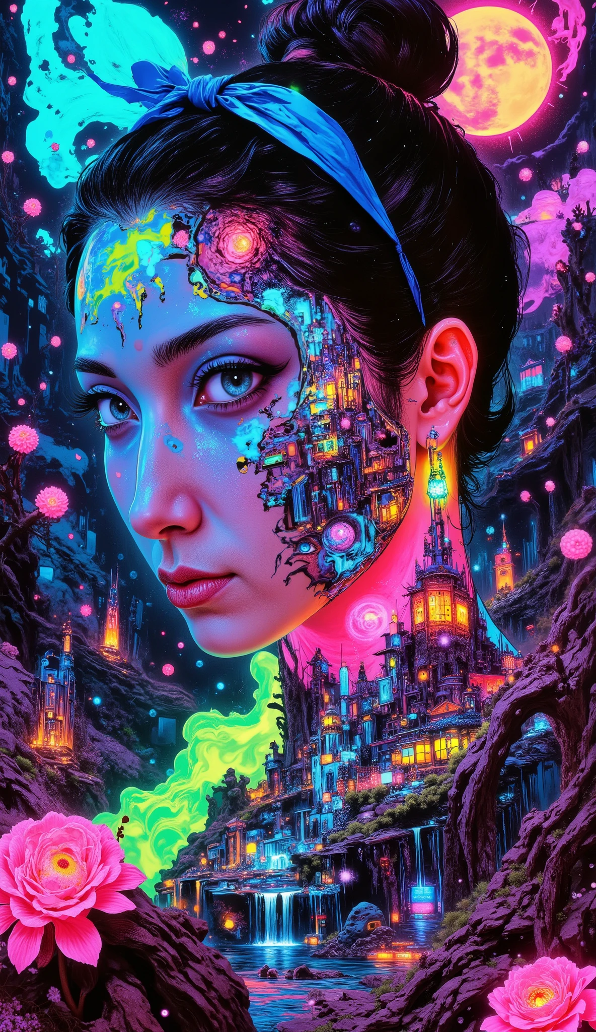 hyperrealistic surrealism illustration of a blue-eyed Japanese woman, face cracked on one side, her hair tied in a bun with a blue colored ribbon, looking at the camera with a hollow open shoulder showing a large beautiful waterfall object rocks and cherry trees, complicated, textured, irregular, neon lights, blue, pink, yellow, green, and red backlit silhouettes, smoke color dispersion, inkblot-like shadows, reality effects of torn cloth, upside-down tree roots, complicated objects, melting, free floating, endless corridors, money city reflecting itself, buildings breathable, The composition should flow vertically, transitioning from dark roots to smooth peaks. subtle neon flow, Subtle flow of energy floating in neon blue and pink connecting all elements, mix of organic and geometric shapes, virtual reality horizon, Cyberpunk color scheme, cracked textures, Smooth gradient between color transitions, Psychedelic surrealism meets cyberpunk aesthetic, Mix of organic and digital elements, Emphasis on vertical flow and movement, Dark fantasy meets neon art. very HD