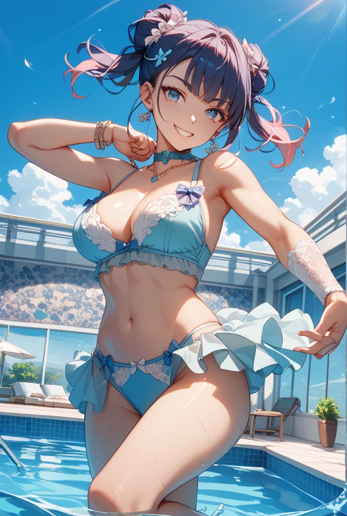 masterpiece, great quality, ultra detail, illustration, game cg, 1girl, solo, (FGOErice), blush, outside, (very frilly bikini with ), arms behind back