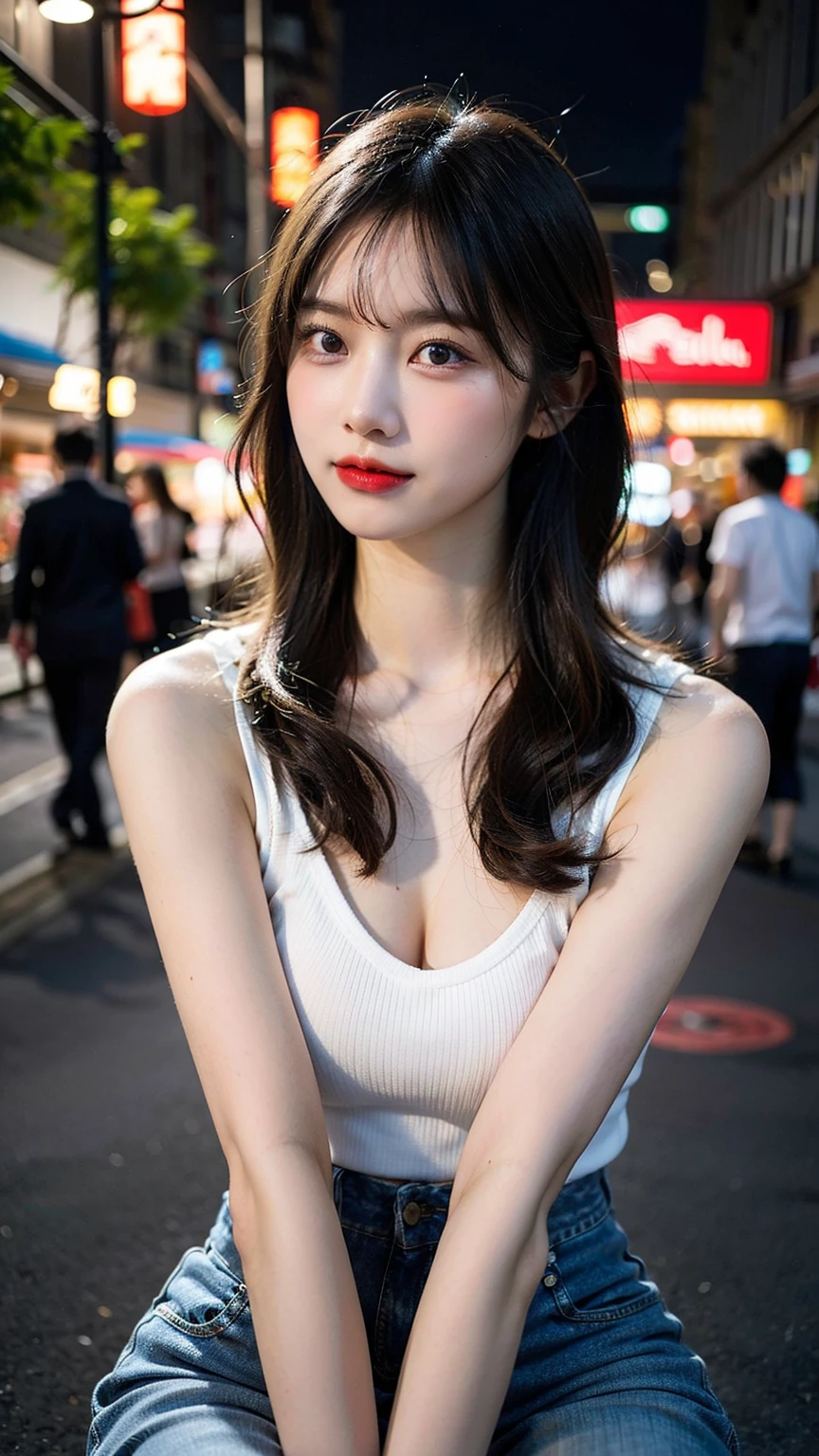 best qualityer，infinite details，HighestQuali，Frontal photo，Beautiful beautiful girl，soft，Perfectly proportioned face，Be red in the face，big laughter，Exquisite  features，Sweet smile，Elaborate Eyes，Delicate eyelashes, Beautiful eyes, sweet with silkworms，ear studs，choker necklace，Delicate collarbones，Long flowing hair，Smooth hair，（（High-neck off-the-shoulder shirt shiny，Black shirt skinny jeans：1.3）），Wrapped feeling，perfect bodies，folds，Delicate skin，Not ，Dynamic action，exteriors，eventide，Five，depth of fields，Large depth of field，Perfect details，extremy detailed，Realistic to the extreme，Movie CG rendering，cinematric light，Works of masters，Dingdall effect，Portrait of Hojo Division.hyper HD，Realiy，Slim，180，Large chest，Stand up，Street photography，mizore，Exquisite eye details，Shy smile 1.5