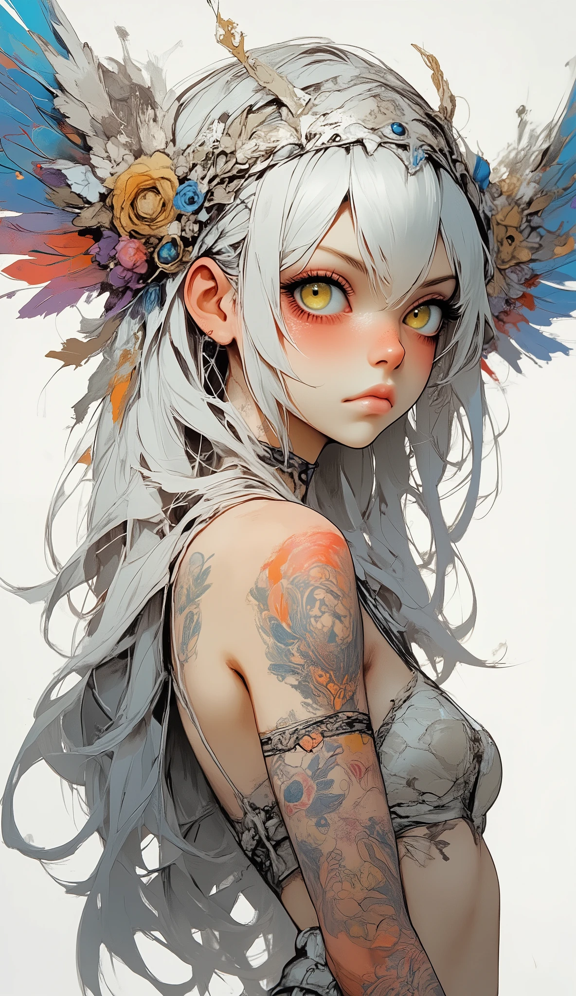ky_r1th21, masterpiece, best quality, amazing quality, detailed, newest, solo, 1girl, hair over one eye, long hair, simple background, abstract wings, colorful wings, upper body, looking at viewer, annoyed, white background, closed mouth, yellow eyes, white hair, from side, grey hair, tattoo,   