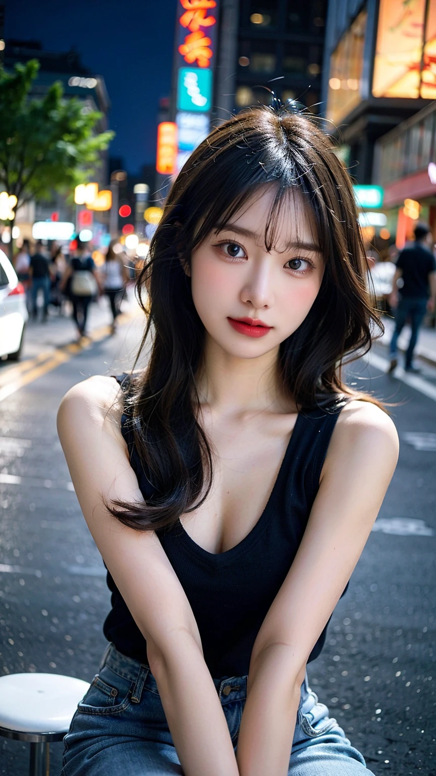 1girl, (looking at viewer:1.2), detail face, (a girl standing, rending on cgsociety, black shadows, streaming, new york backdrop), romanticism, atmospheric, (RAW photo, best quality), (realistic, photo-realistic:1.3), masterpiece, an extremely delicate and beautiful, extremely detailed, D cup，Cleavage，Translucent tube top1.????quisite eye details，Shy smile 1.5